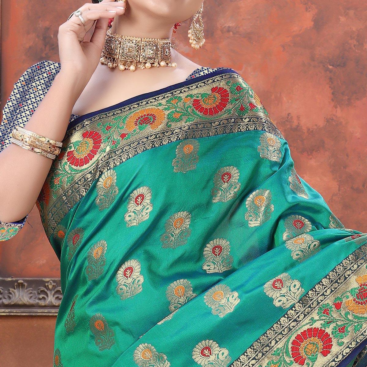 Green Festive Wear Woven Soft Silk Saree - Peachmode