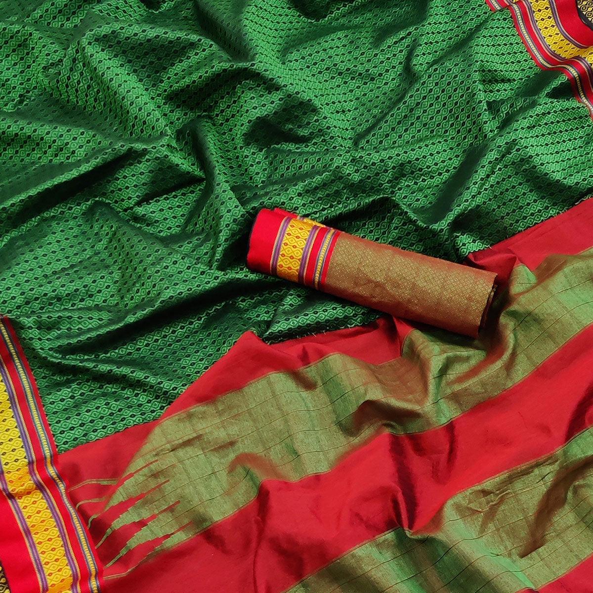 Green Festive Wear Woven Soft Silk Saree - Peachmode