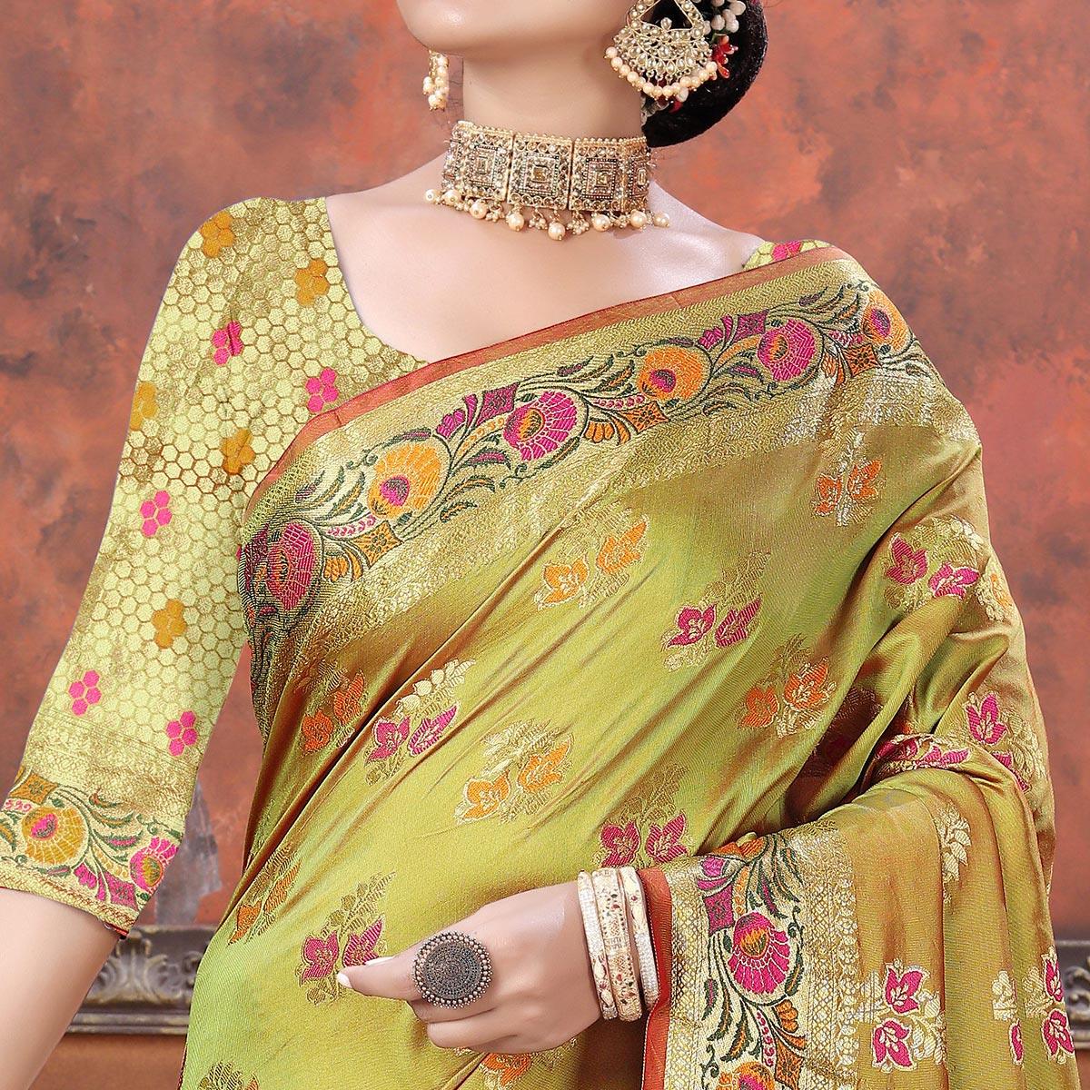 Green Festive Wear Woven Soft Silk Saree - Peachmode