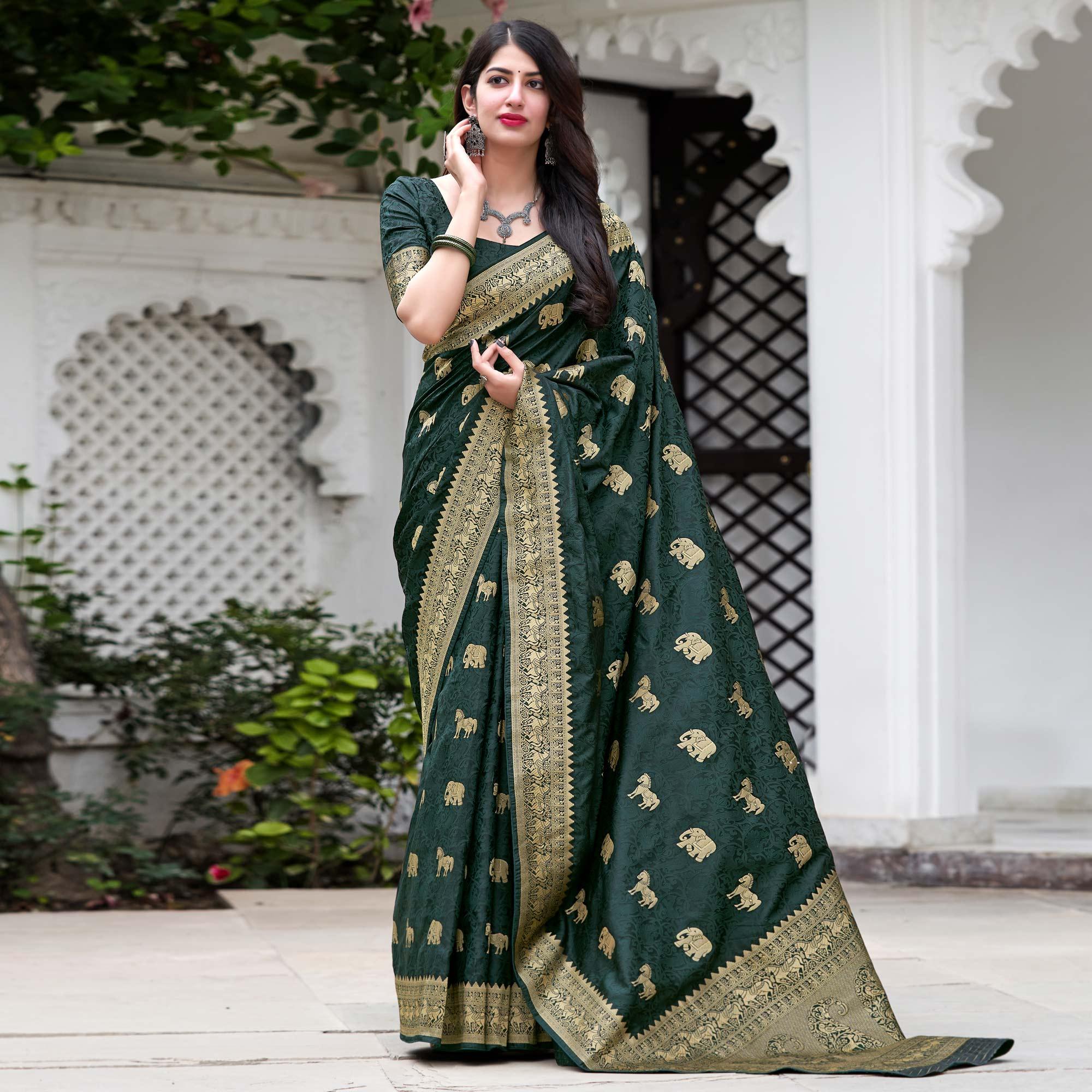 Green Festive Wear Woven Soft Silk Satin Saree - Peachmode