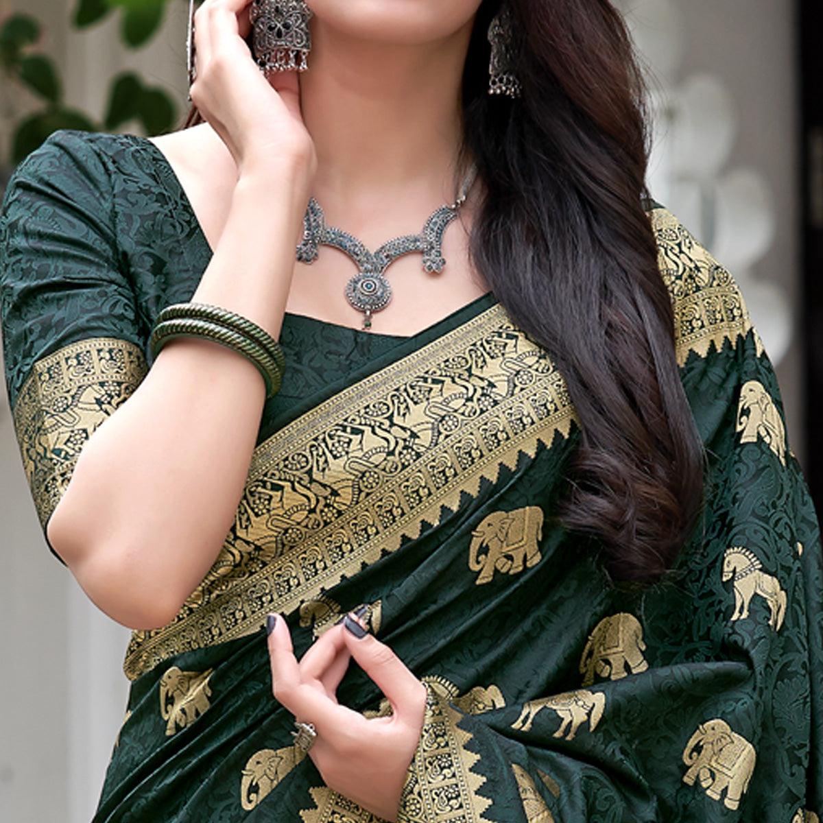 Green Festive Wear Woven Soft Silk Satin Saree - Peachmode