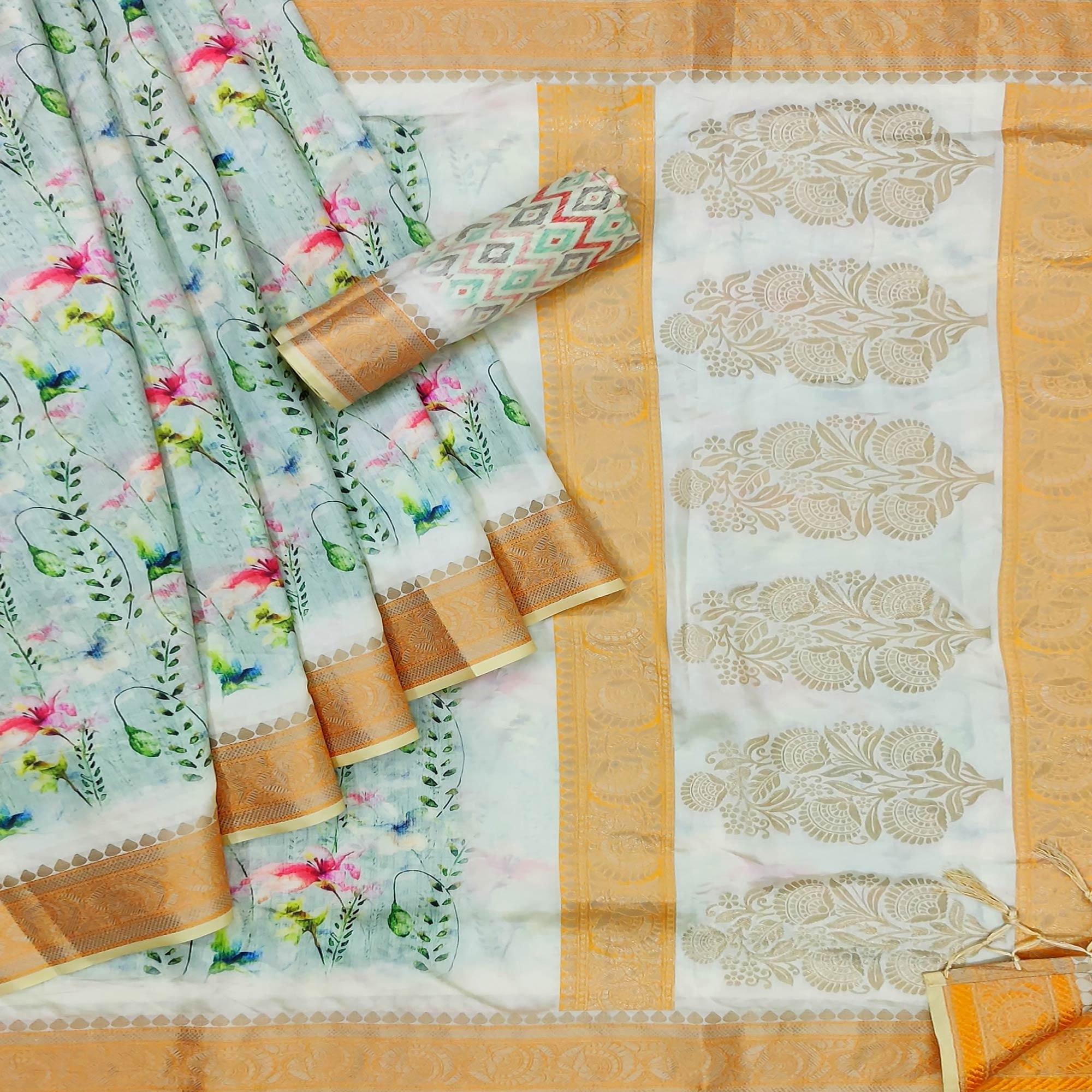 Green Festive Wear Woven With Digital Floral Printed Silk Saree - Peachmode