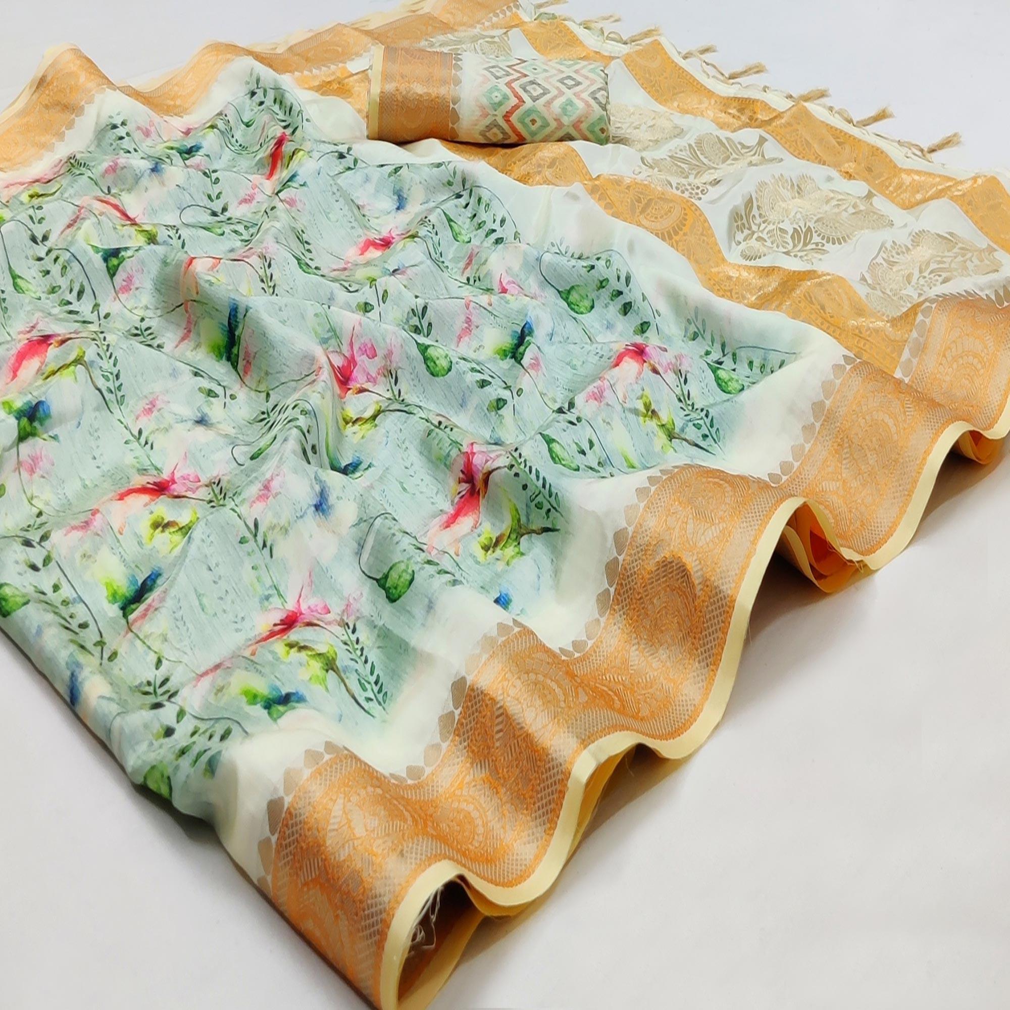 Green Festive Wear Woven With Digital Floral Printed Silk Saree - Peachmode