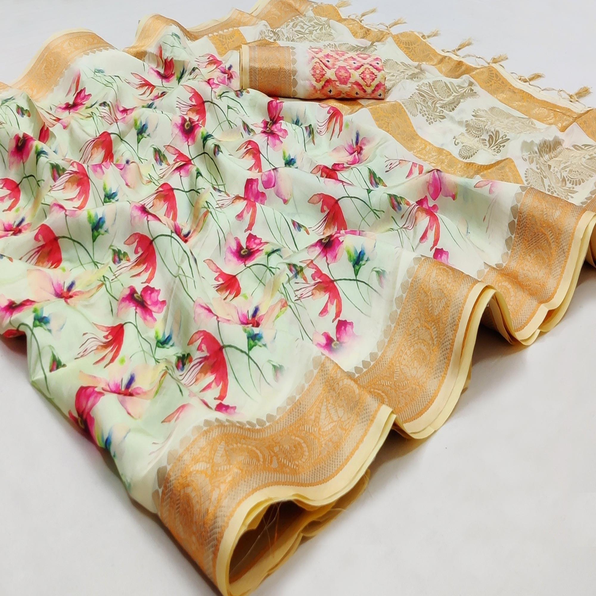 Green Festive Wear Woven With Digital Floral Printed Silk Saree - Peachmode
