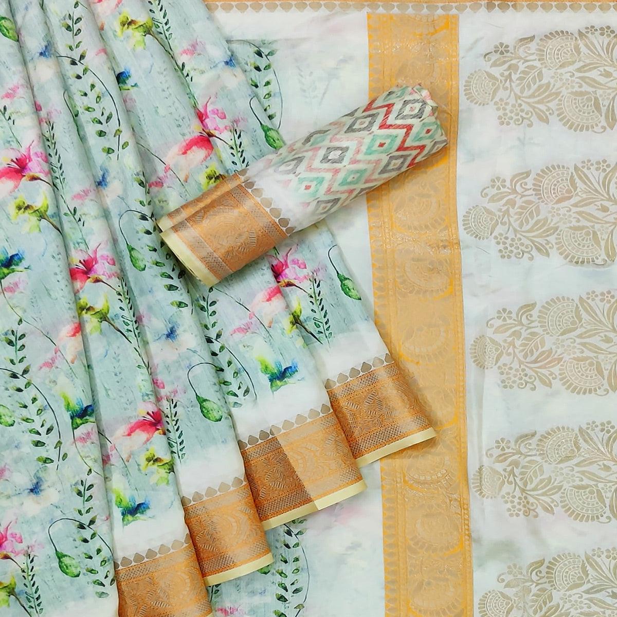 Green Festive Wear Woven With Digital Floral Printed Silk Saree - Peachmode