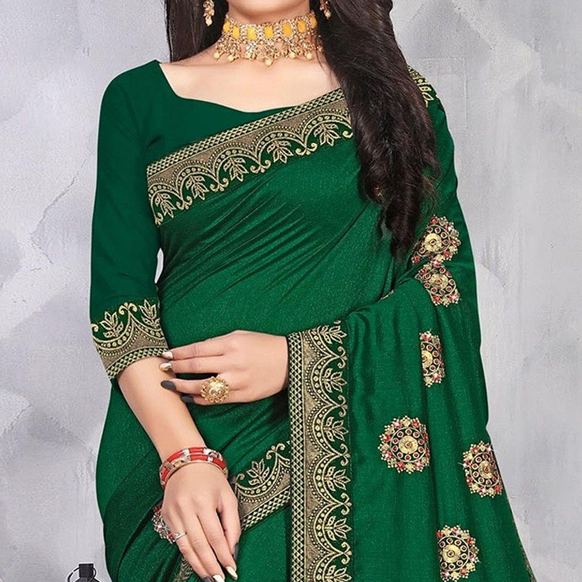 Green Festive Wear Woven With Embellished Vichitra Silk Saree - Peachmode
