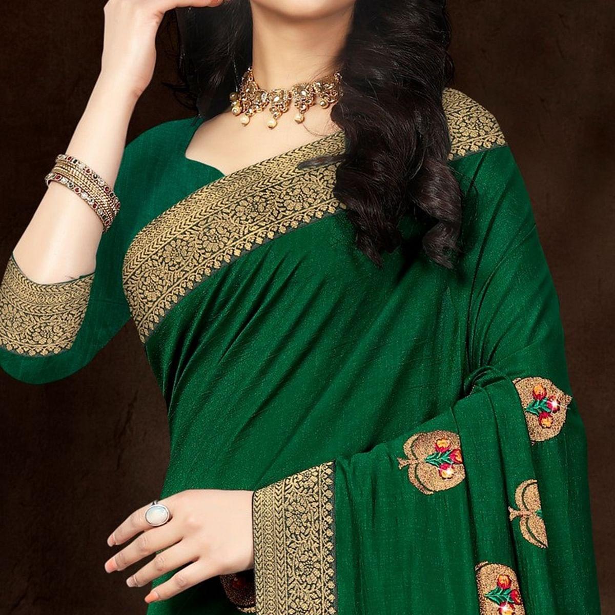 Green Festive Wear Woven With Embroidered Silk Designer Saree - Peachmode