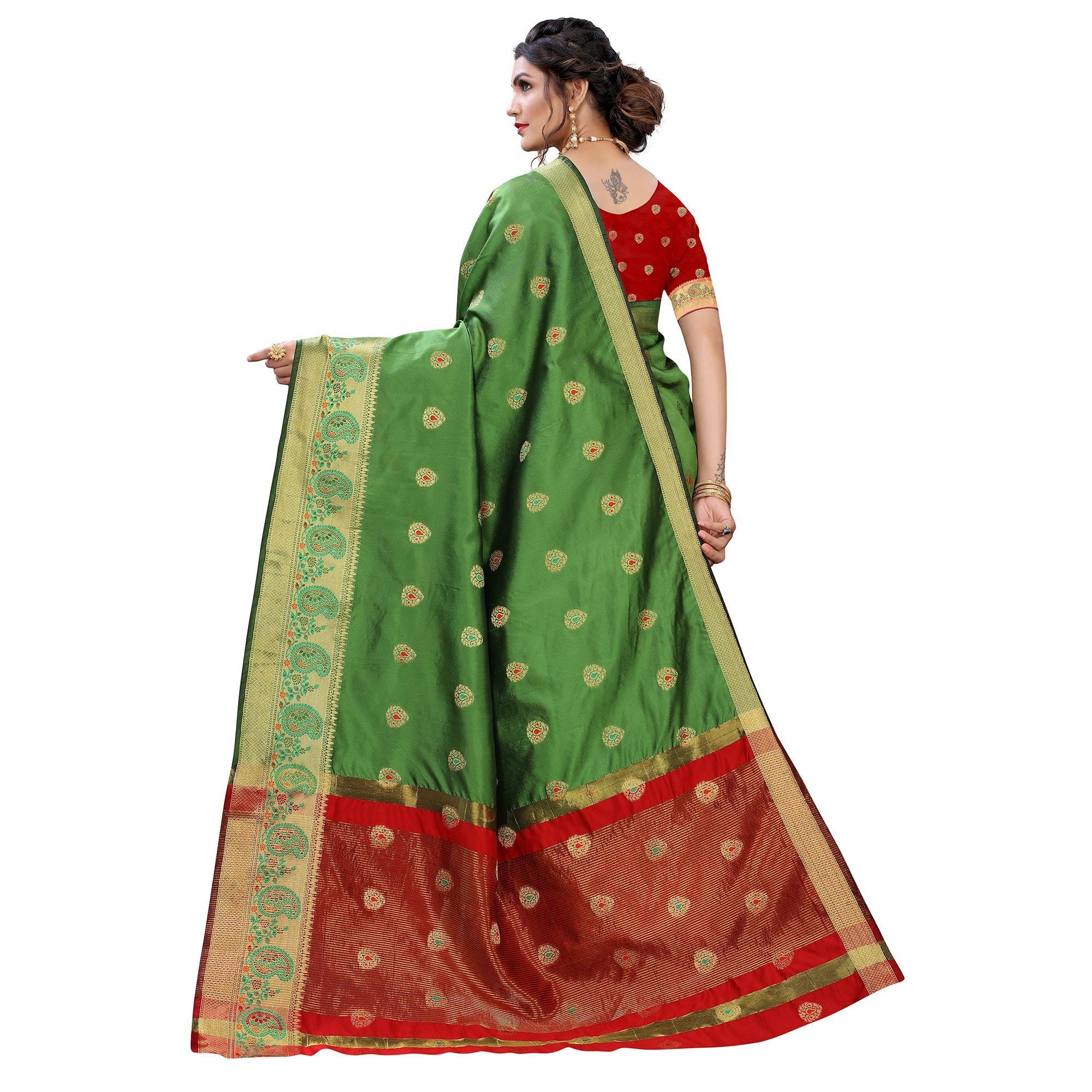 Green Festive Wear Woven With Meena Butta Lining Pallu Soft Silk Saree - Peachmode