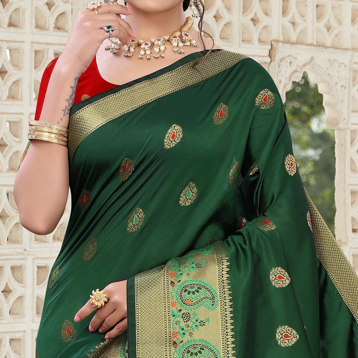 Green Festive Wear Woven With Meena Butta Lining Pallu Soft Silk Saree - Peachmode