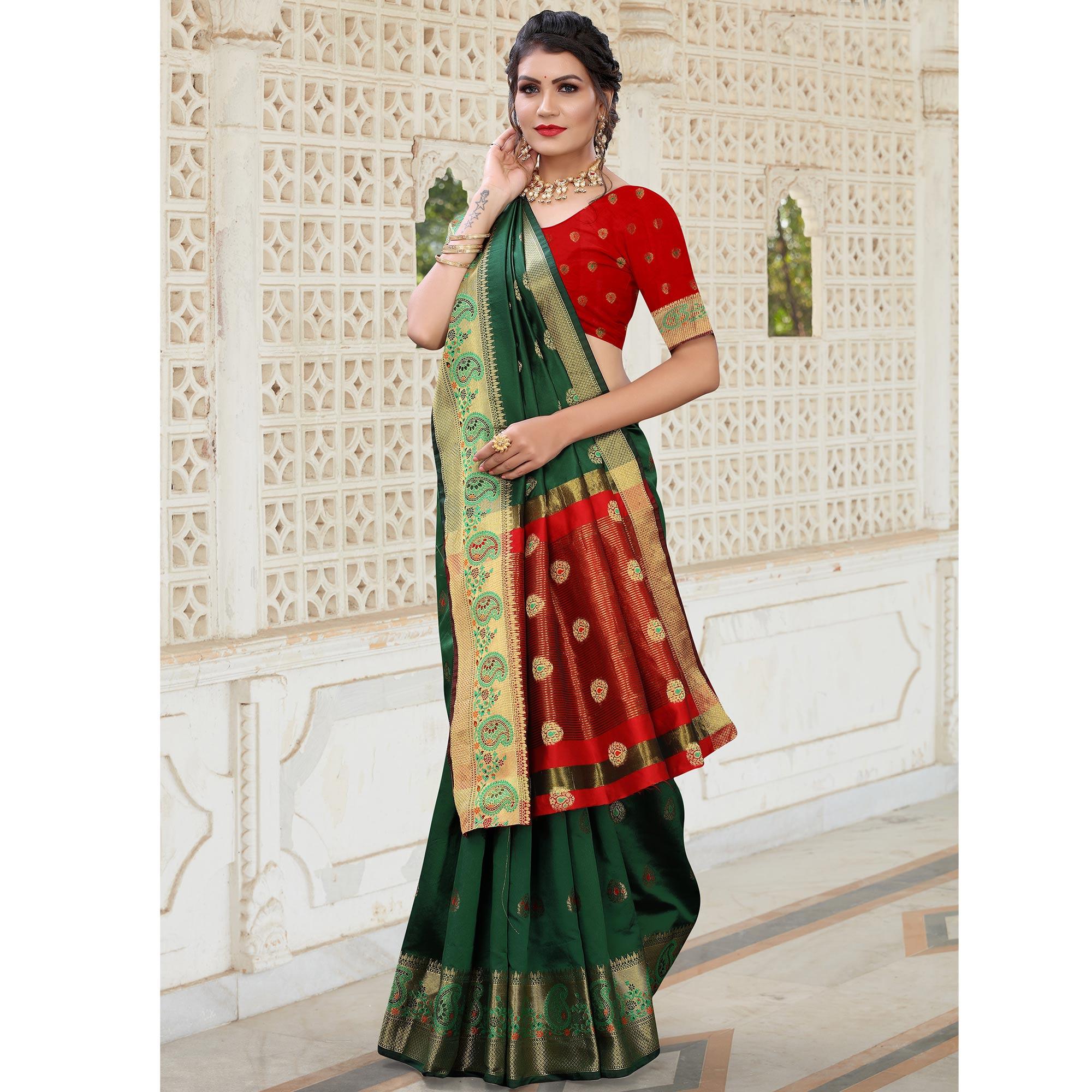 Green Festive Wear Woven With Meena Butta Lining Pallu Soft Silk Saree - Peachmode