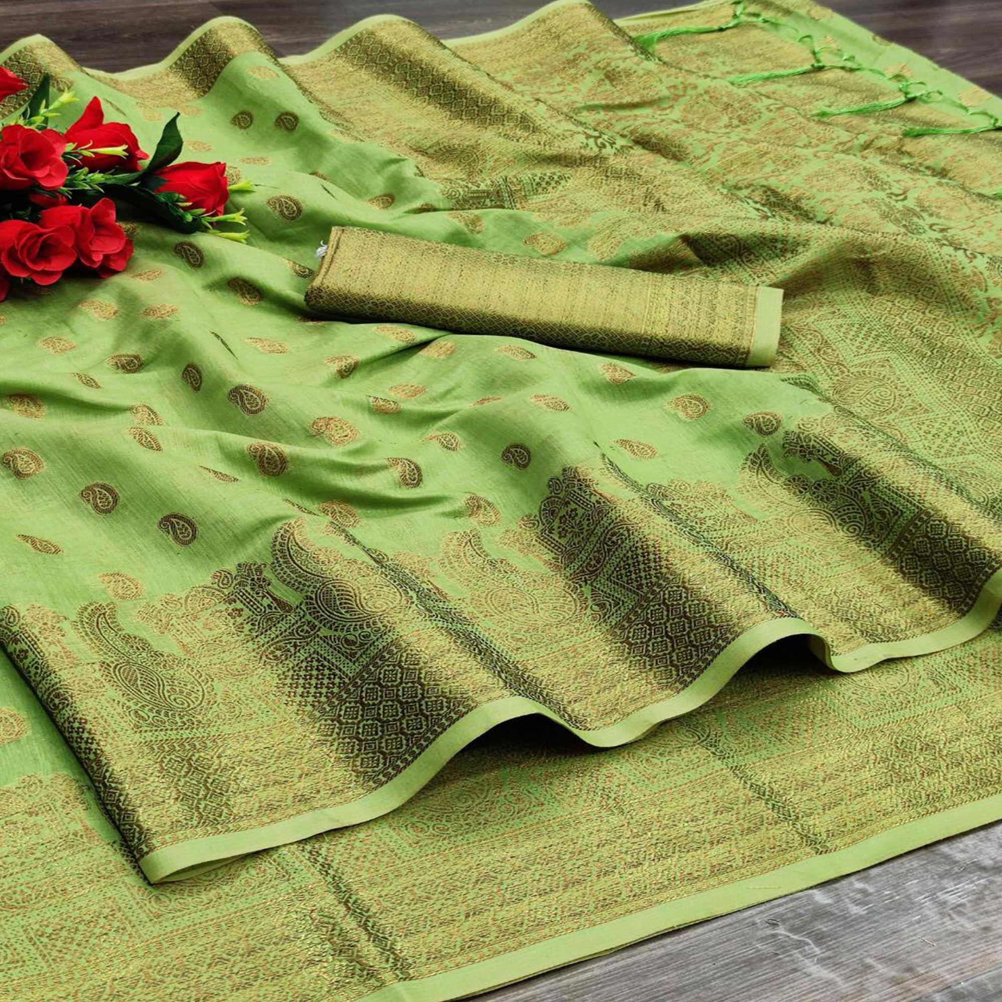 Green Festive Wear Woven With Meena Butta Rich Pallu Cotton Saree - Peachmode
