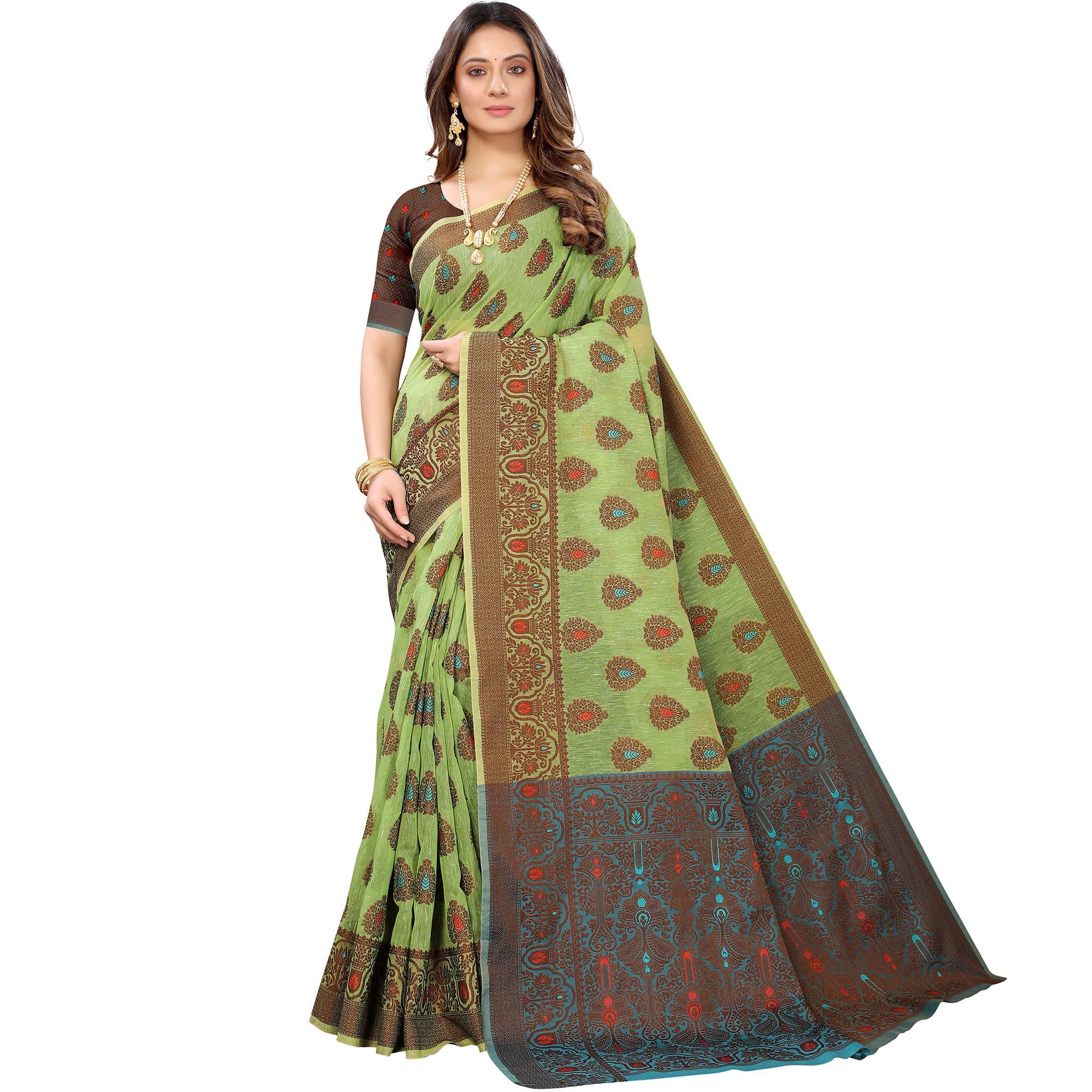 Green Festive Wear Woven With Meena Butta Rich Pallu Cotton Saree - Peachmode