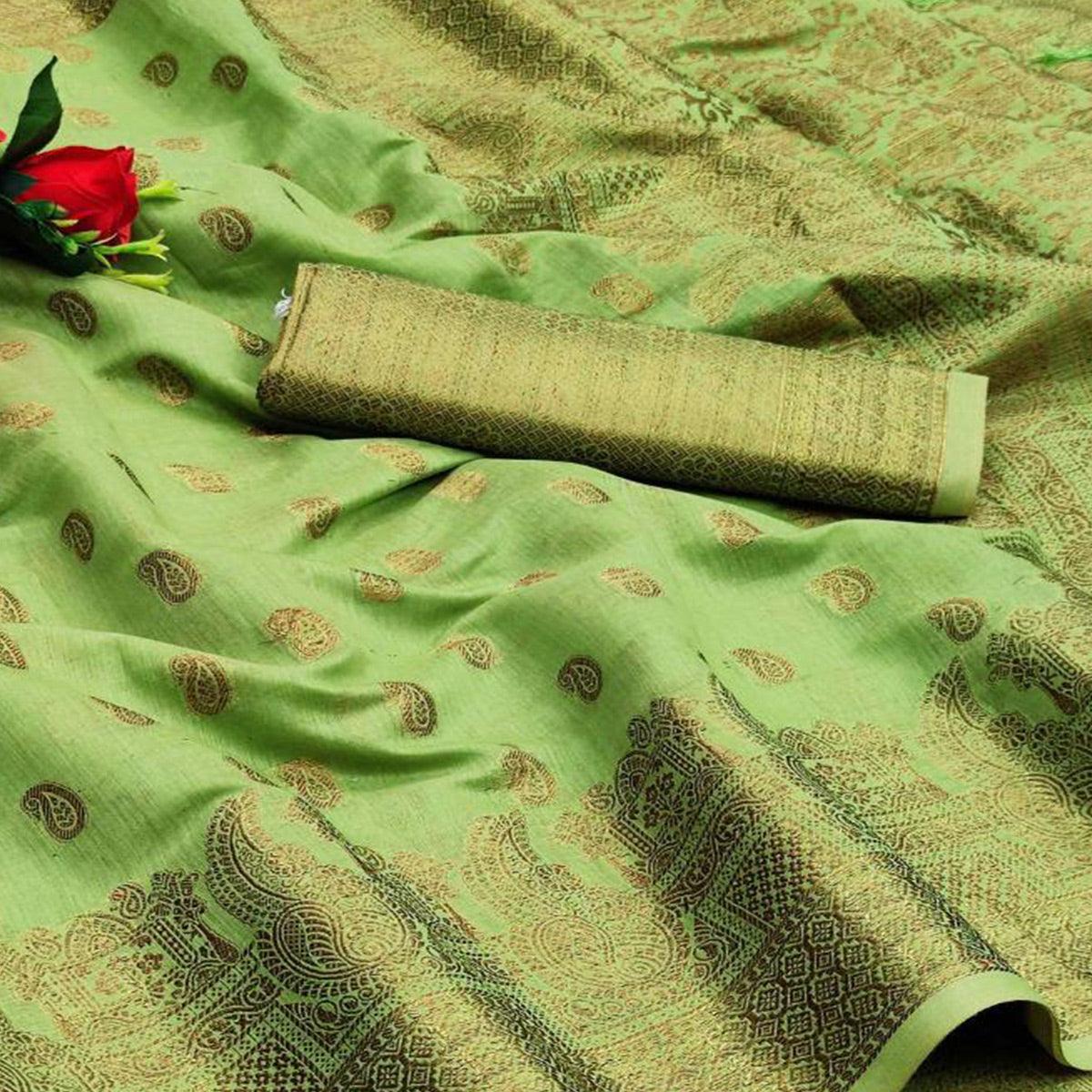 Green Festive Wear Woven With Meena Butta Rich Pallu Cotton Saree - Peachmode