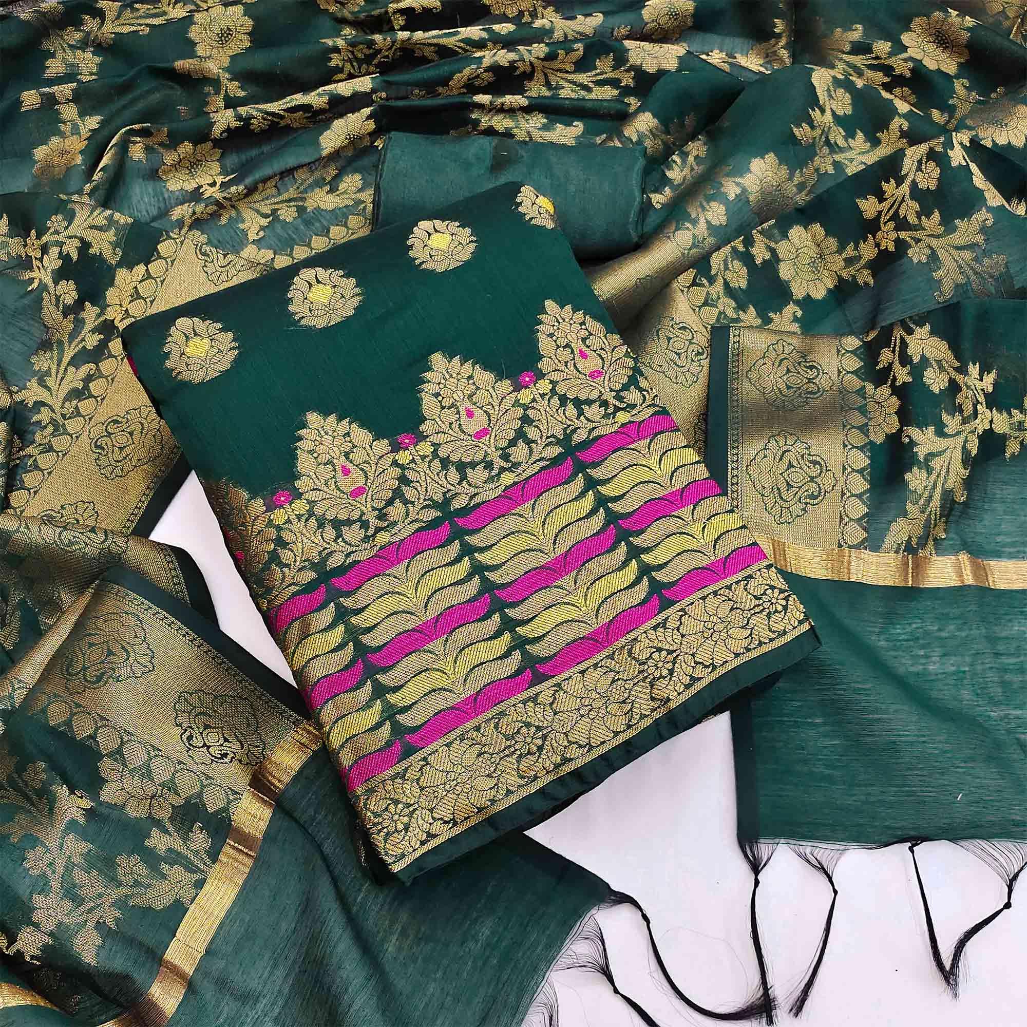 Green Festive Wear Woven Work with Tassels Banarasi Jacquard Dress Material - Peachmode
