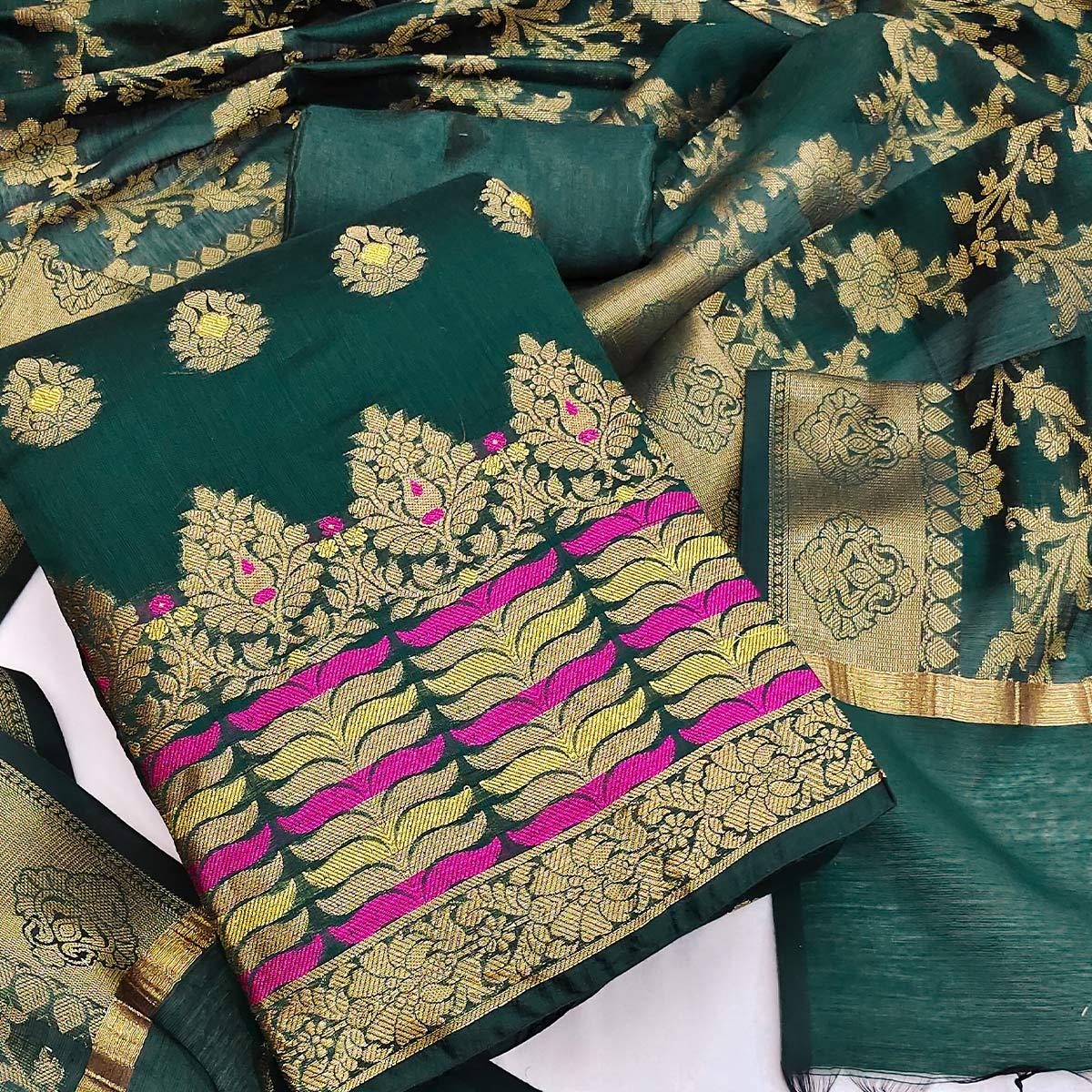Green Festive Wear Woven Work with Tassels Banarasi Jacquard Dress Material - Peachmode