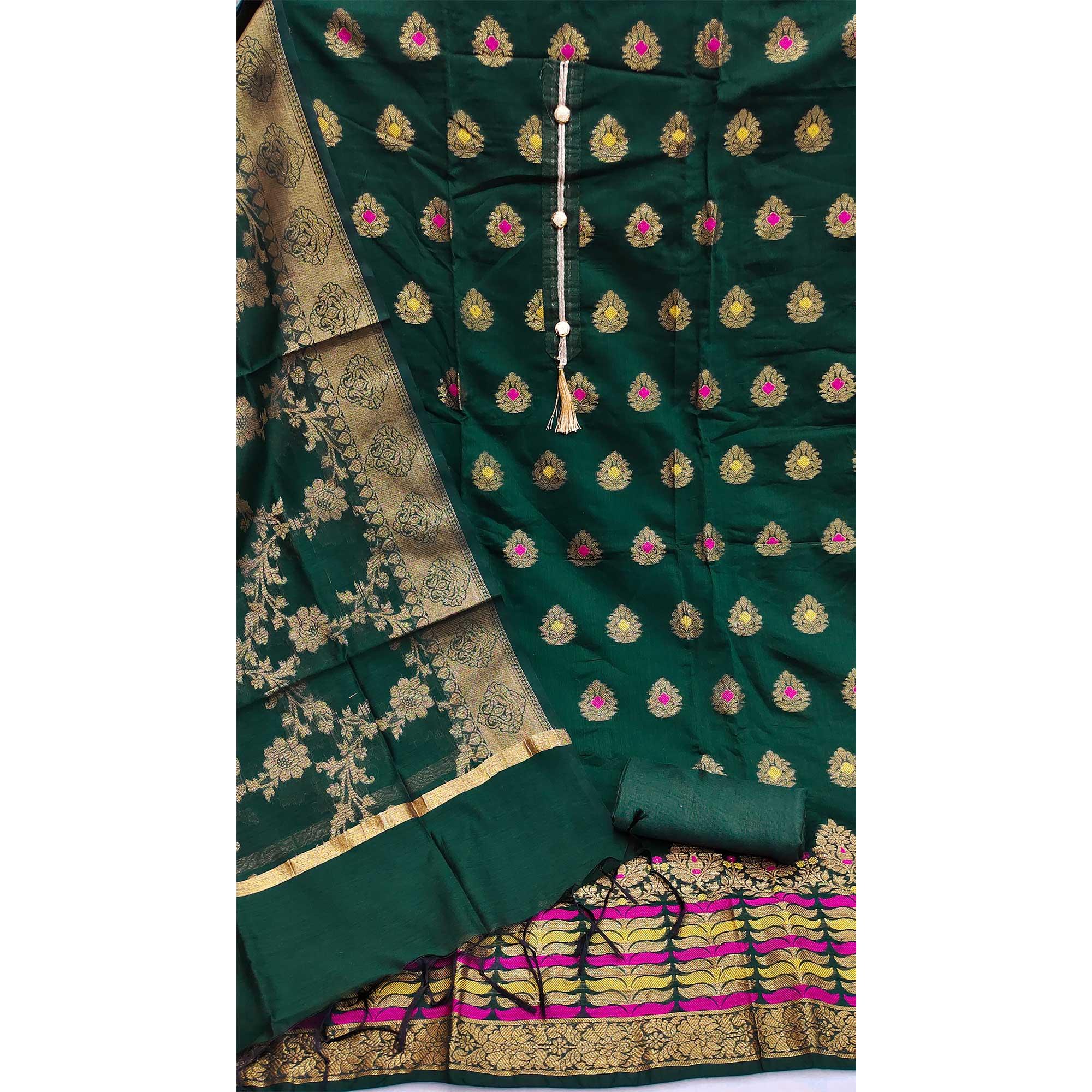 Green Festive Wear Woven Work with Tassels Banarasi Jacquard Dress Material - Peachmode