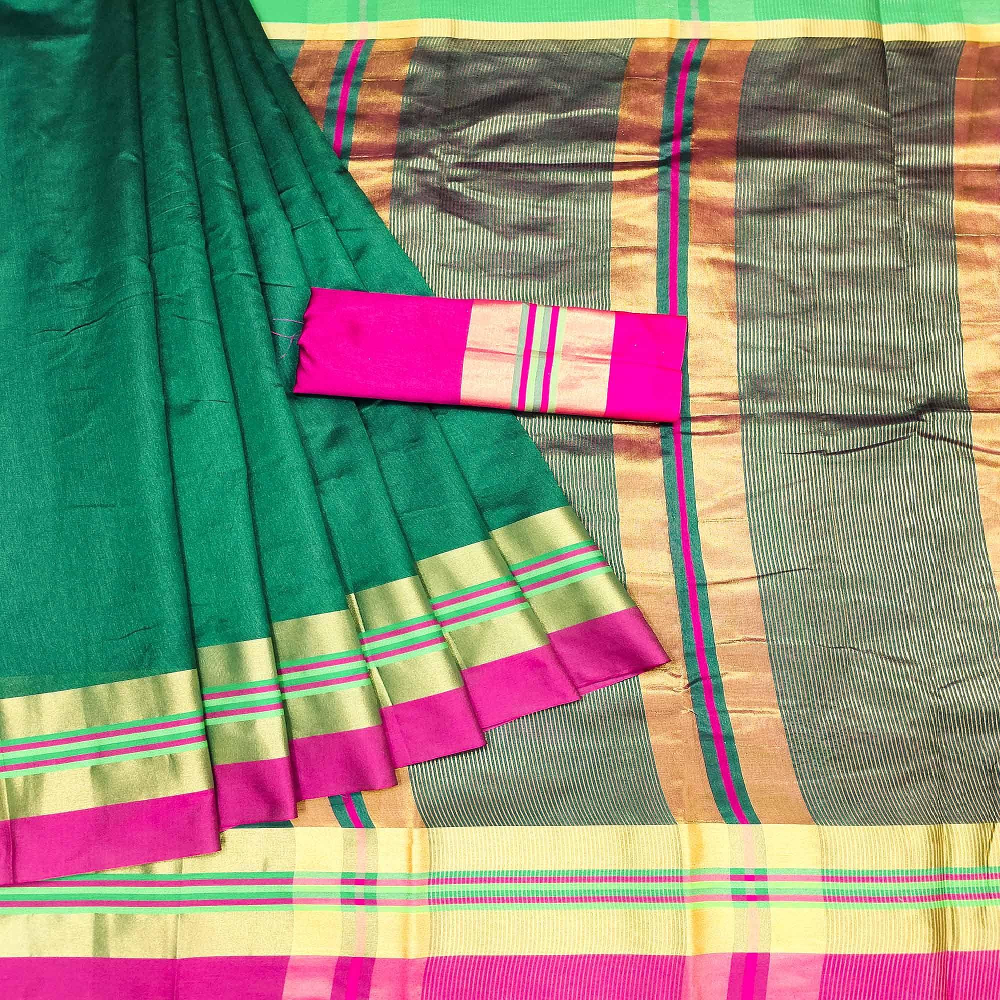 Green Festive Wear Zari Border Cotton Blend Saree - Peachmode