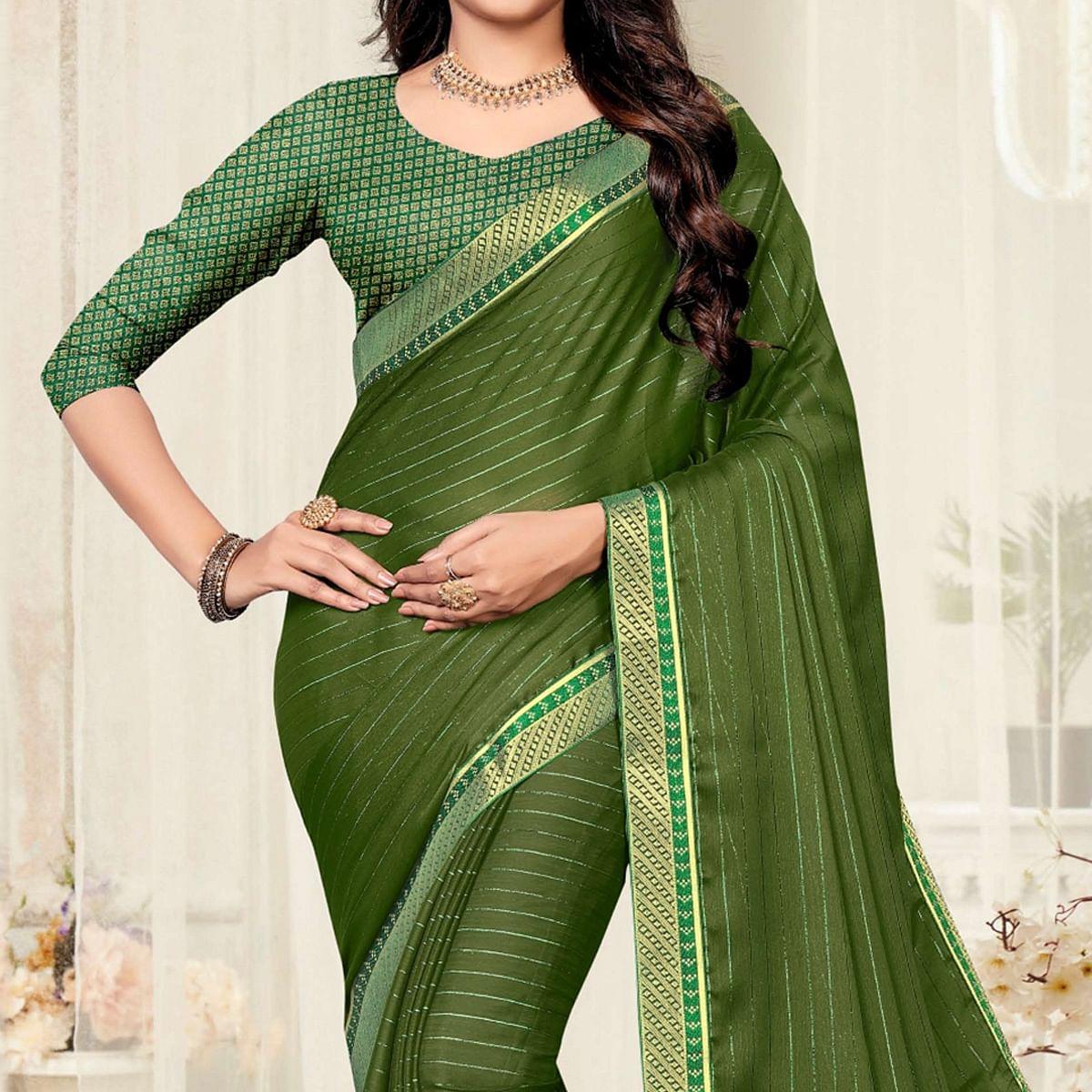 Green Festive Wear Zari Chiffon Saree - Peachmode