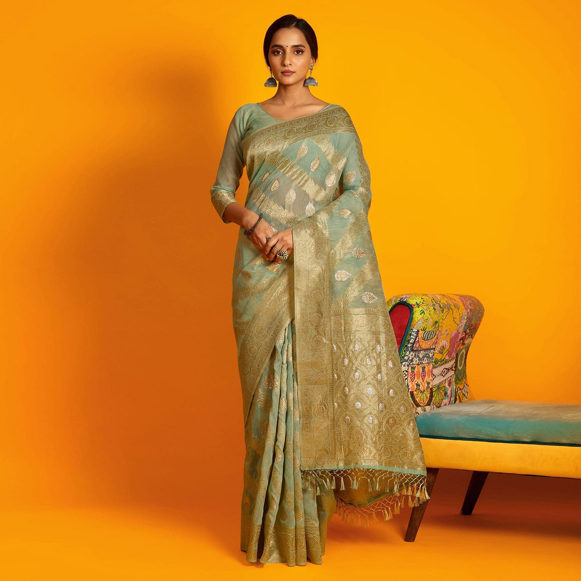 Green Festive Wear Zari Work Cotton Saree - Peachmode