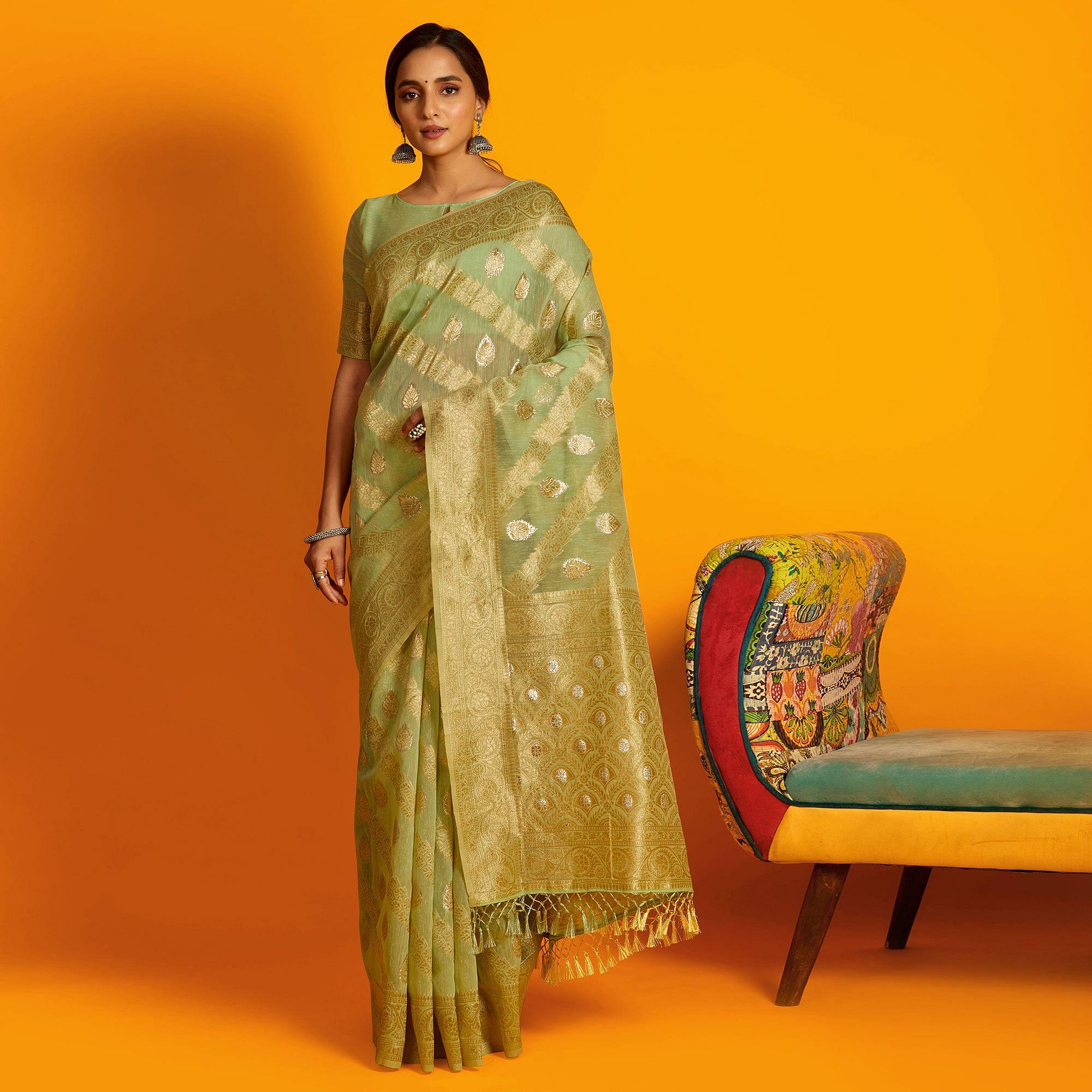 Green Festive Wear Zari Work Cotton Saree - Peachmode