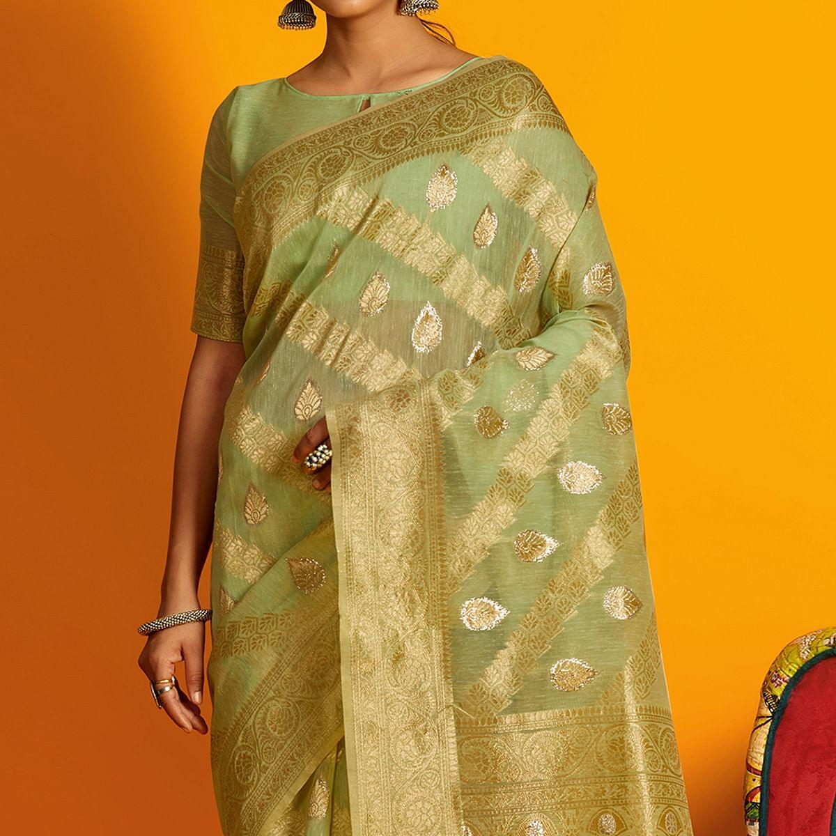 Green Festive Wear Zari Work Cotton Saree - Peachmode