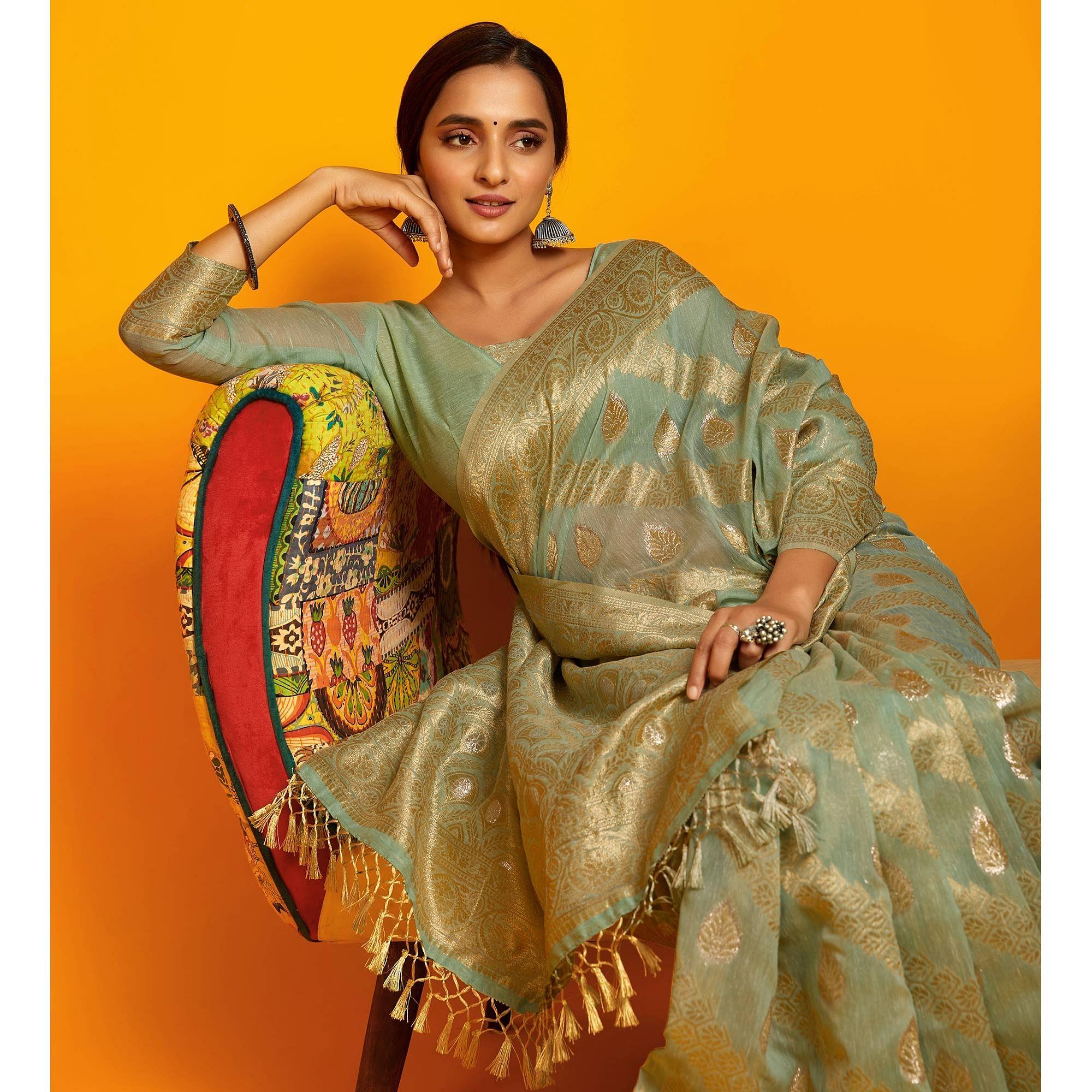Green Festive Wear Zari Work Cotton Saree - Peachmode