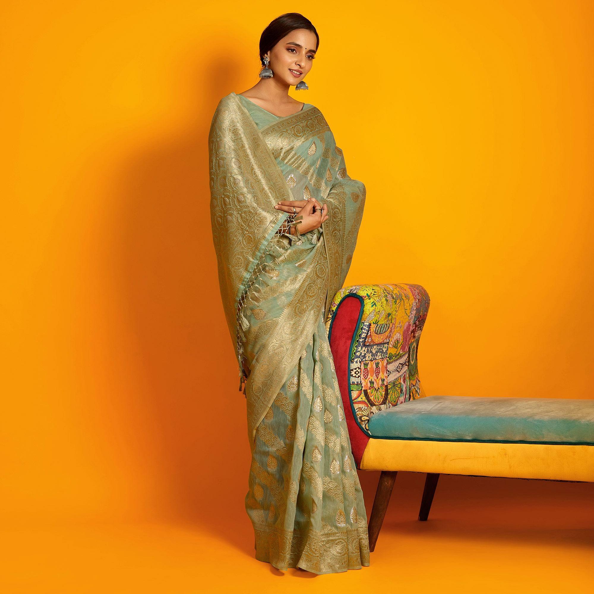Green Festive Wear Zari Work Cotton Saree - Peachmode
