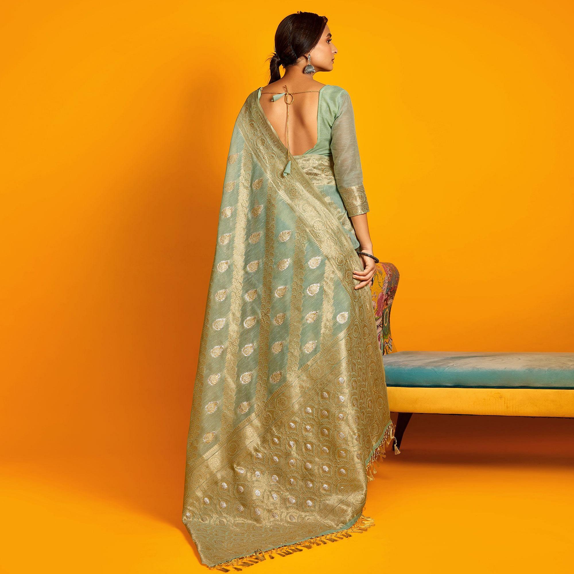 Green Festive Wear Zari Work Cotton Saree - Peachmode