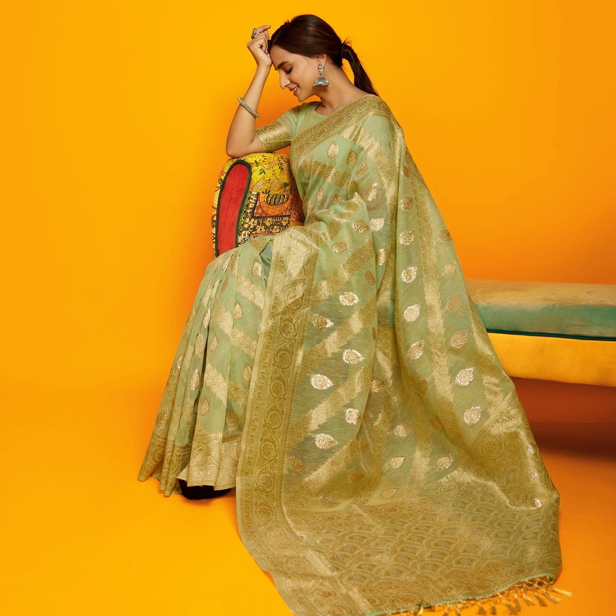 Green Festive Wear Zari Work Cotton Saree - Peachmode