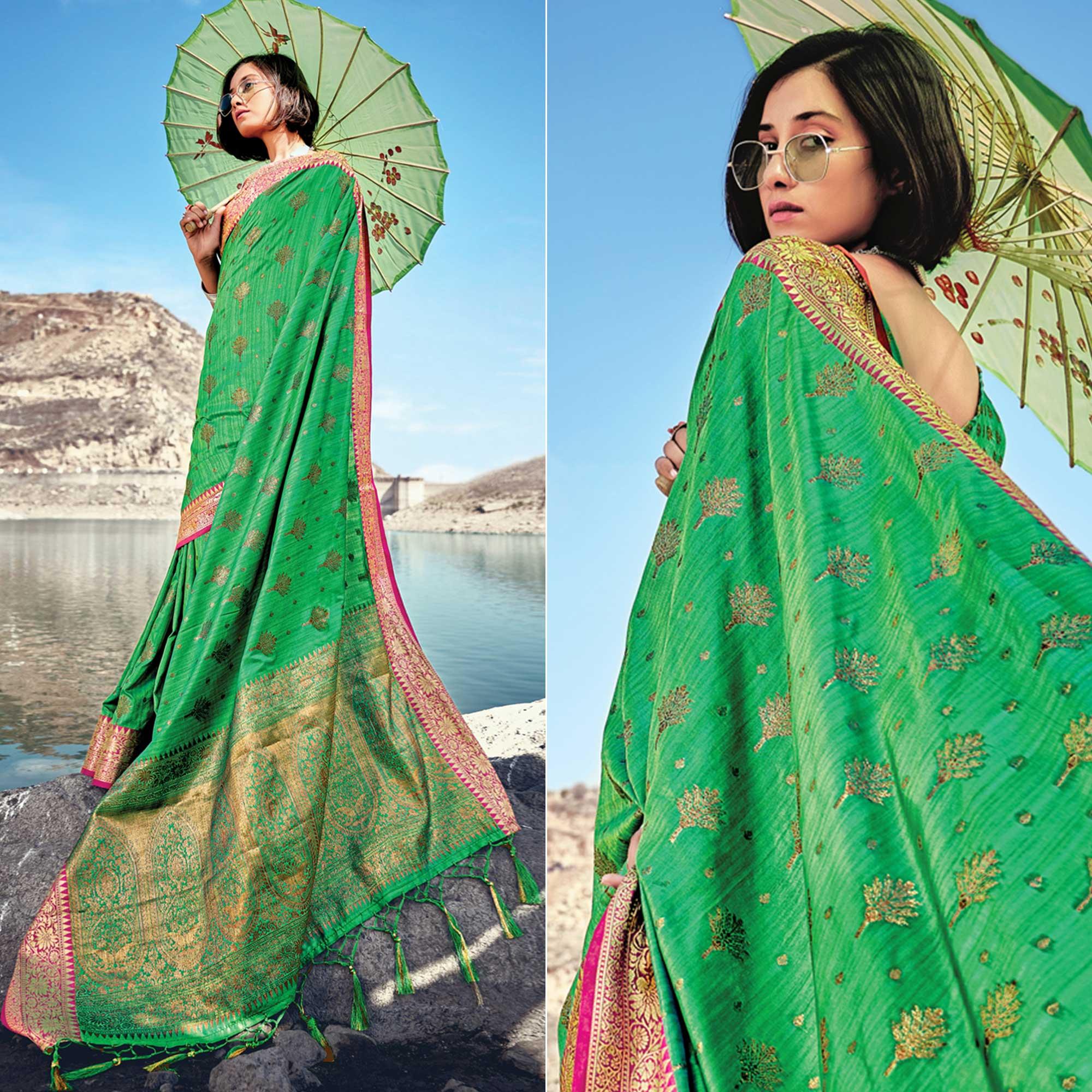 Green Festive Wear Zari Woven Banarasi Silk Saree - Peachmode
