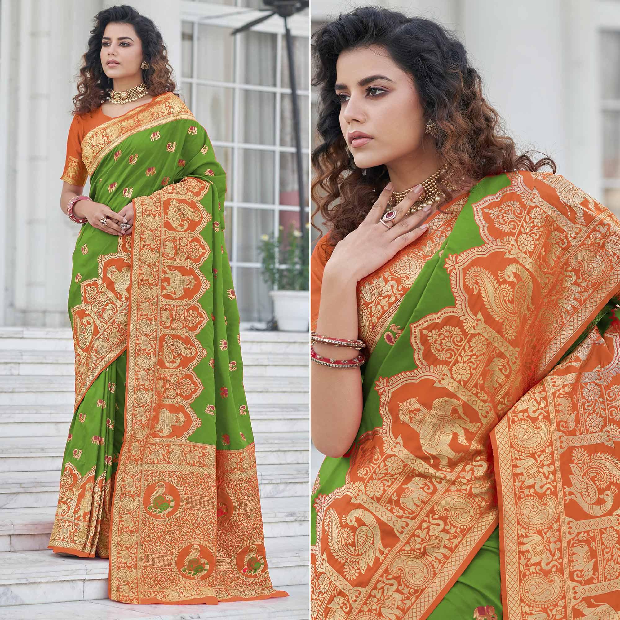 Green Festive Wear Zari Woven Banarasi Silk Saree - Peachmode