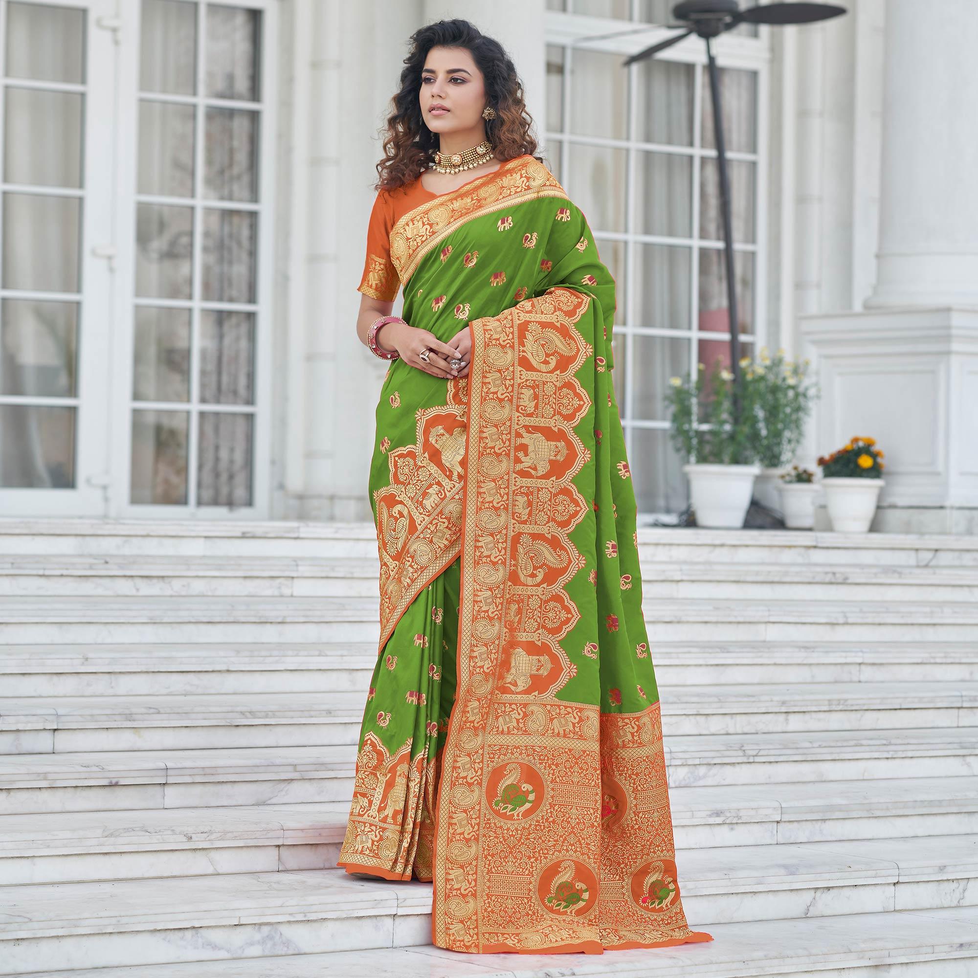 Green Festive Wear Zari Woven Banarasi Silk Saree - Peachmode