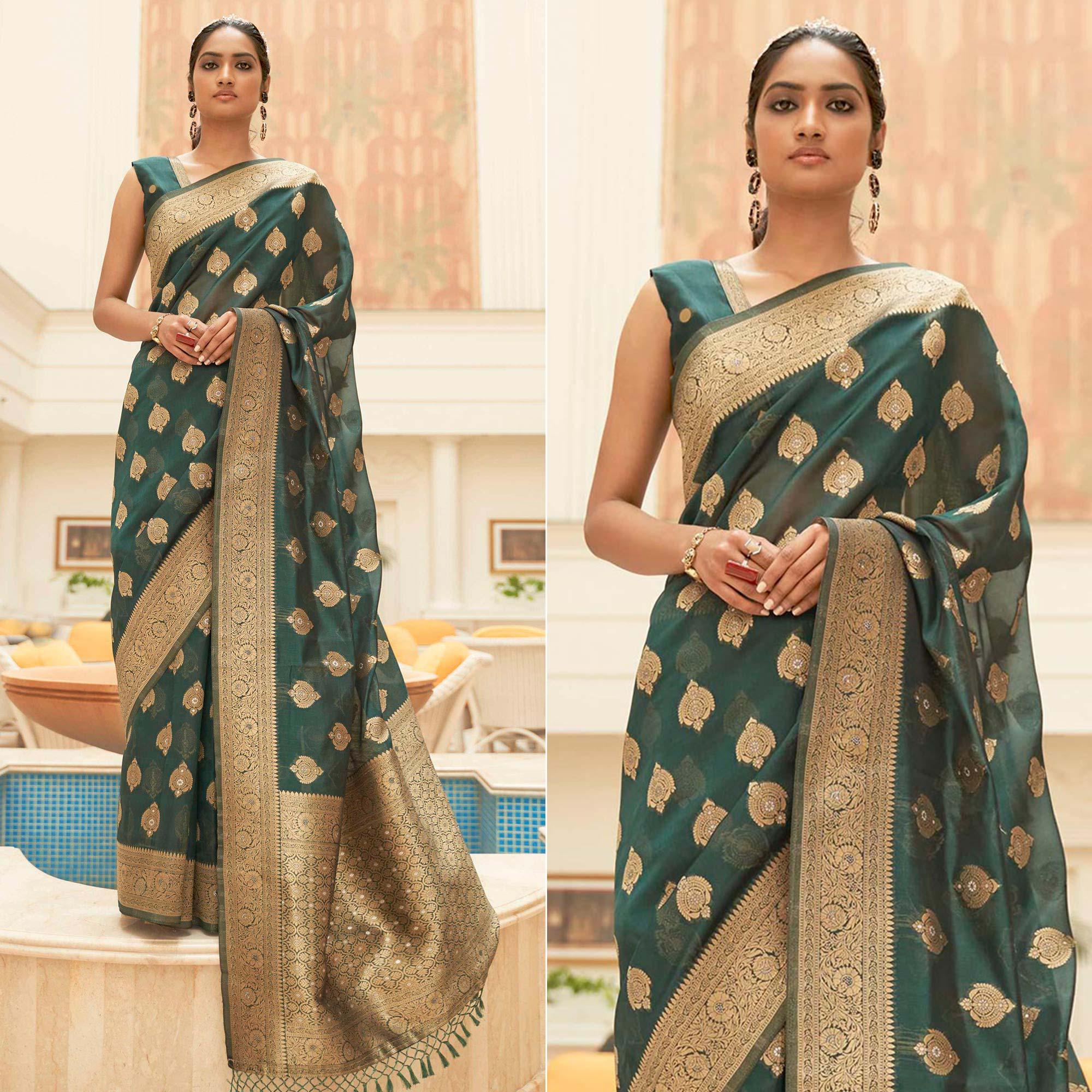 Green Festive Wear Zari Woven Organza Silk Saree With Tassels - Peachmode