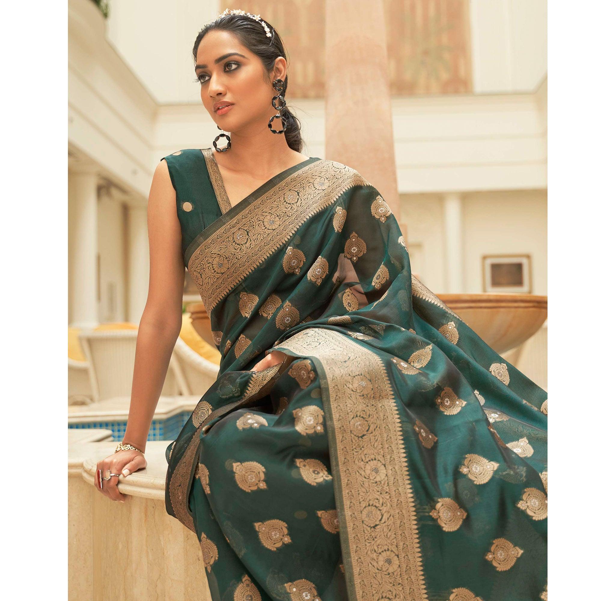 Green Festive Wear Zari Woven Organza Silk Saree With Tassels - Peachmode