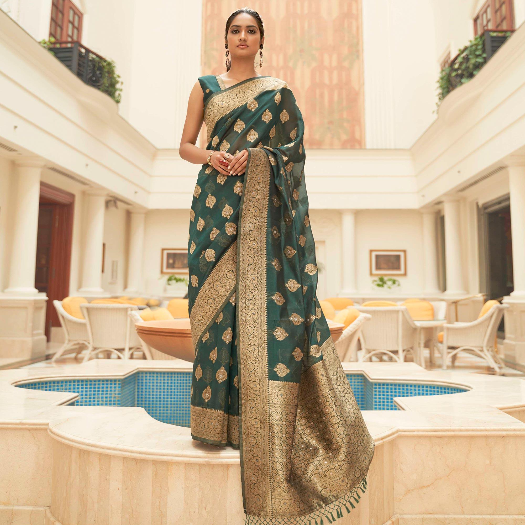 Green Festive Wear Zari Woven Organza Silk Saree With Tassels - Peachmode
