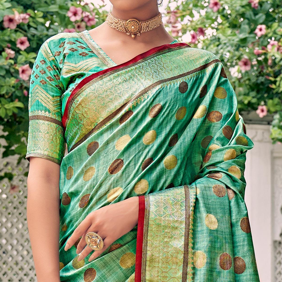 Green Festive Wear Zari Woven Soft Ghichaa Silk Saree - Peachmode