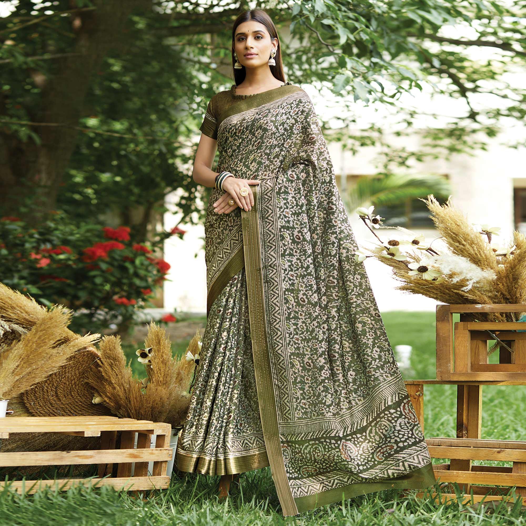 Green Floral Digital Printed Art Silk Saree - Peachmode