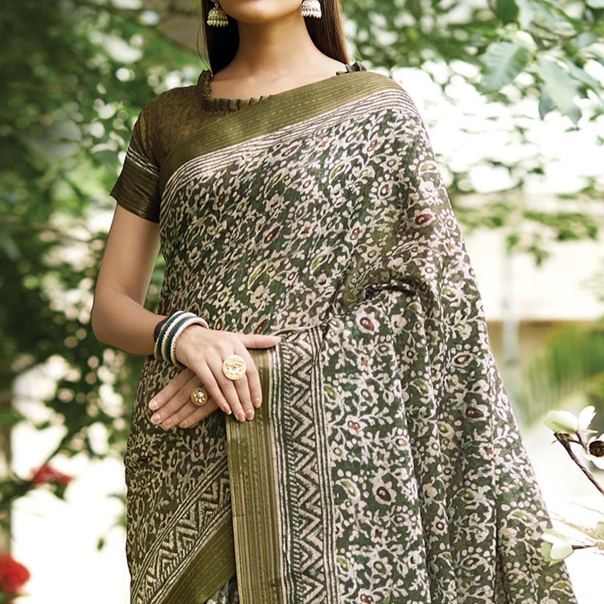 Green Floral Digital Printed Art Silk Saree - Peachmode