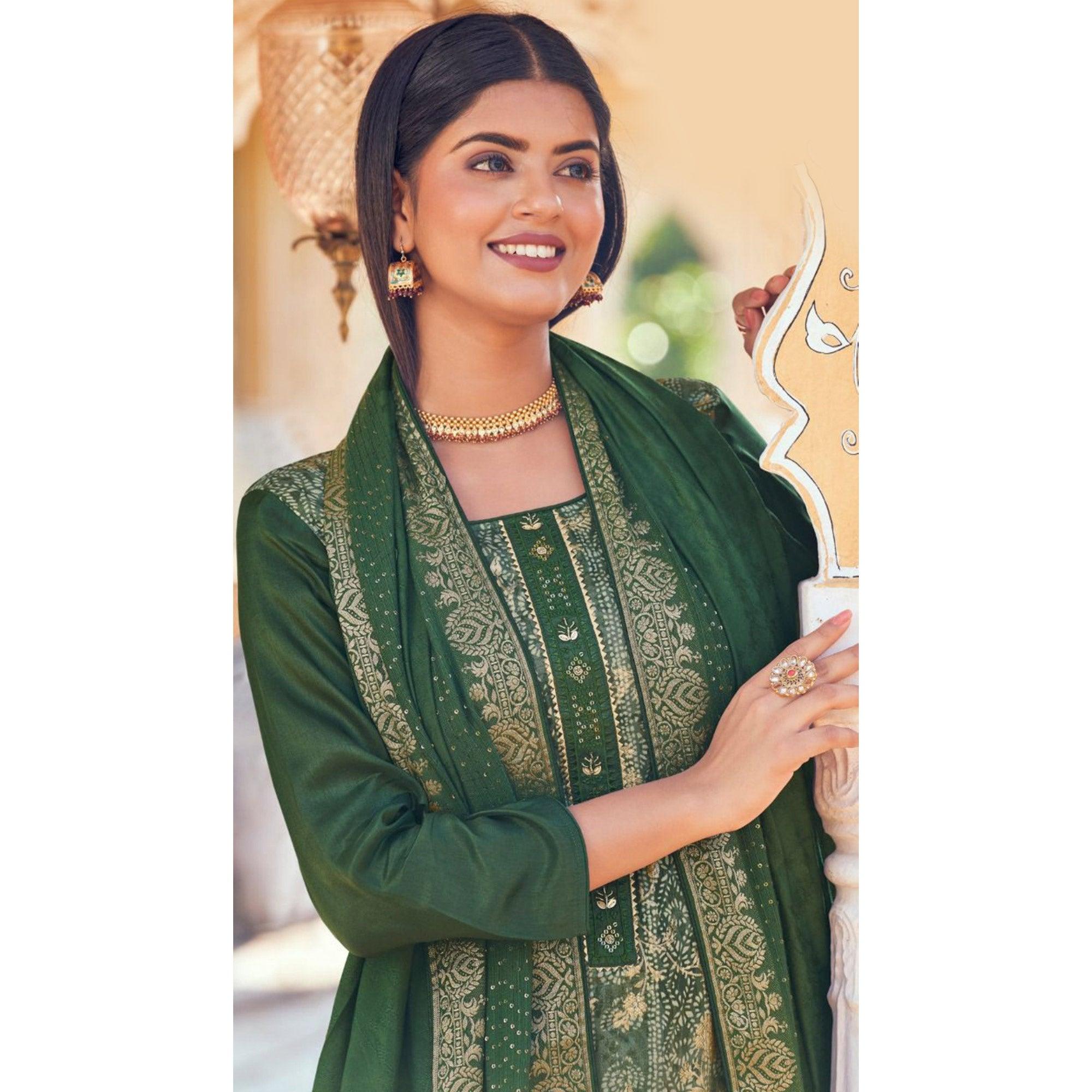 Green Floral Digital Printed Dola Silk Salwar Suit - Peachmode