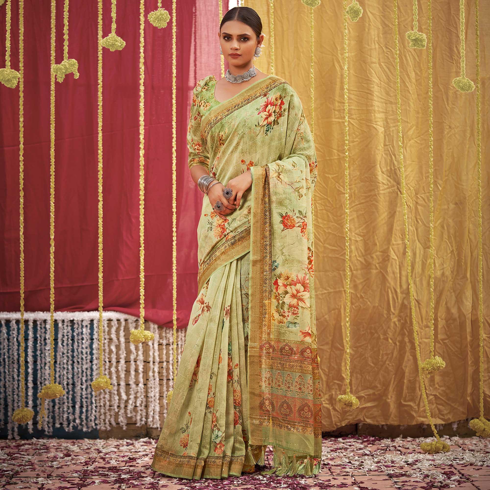 Green Floral Digital Printed Linen Saree With Tassels - Peachmode