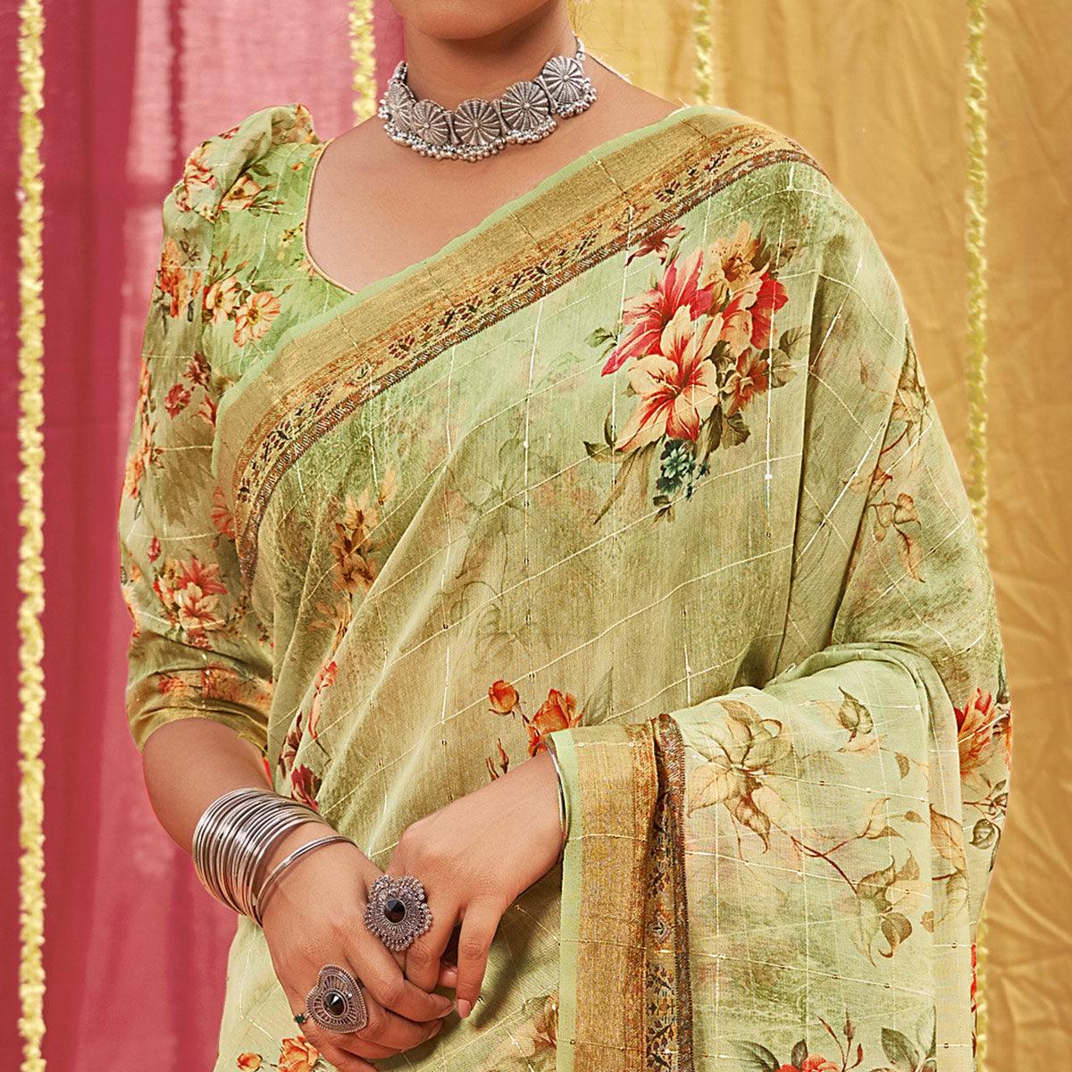 Green Floral Digital Printed Linen Saree With Tassels - Peachmode