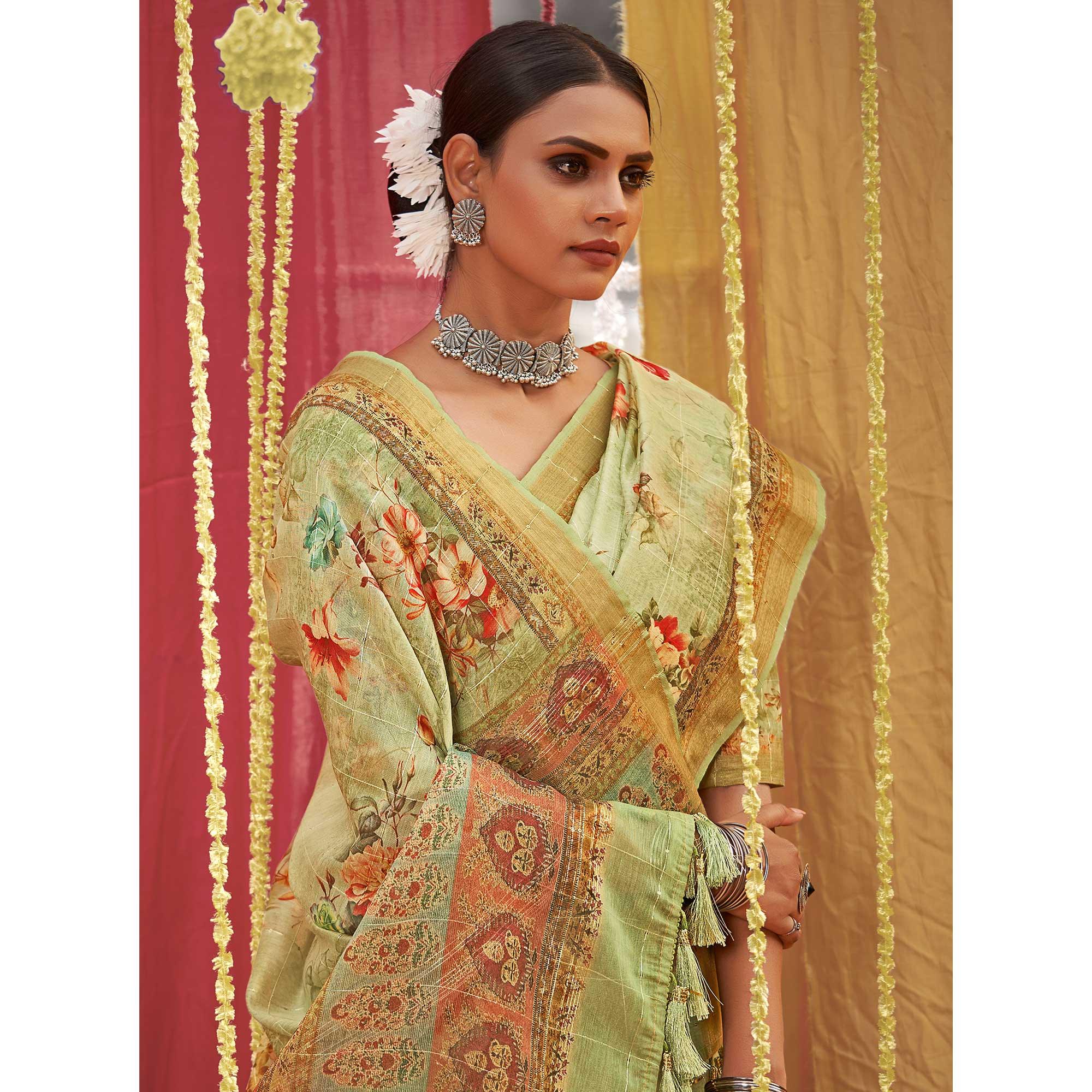 Green Floral Digital Printed Linen Saree With Tassels - Peachmode