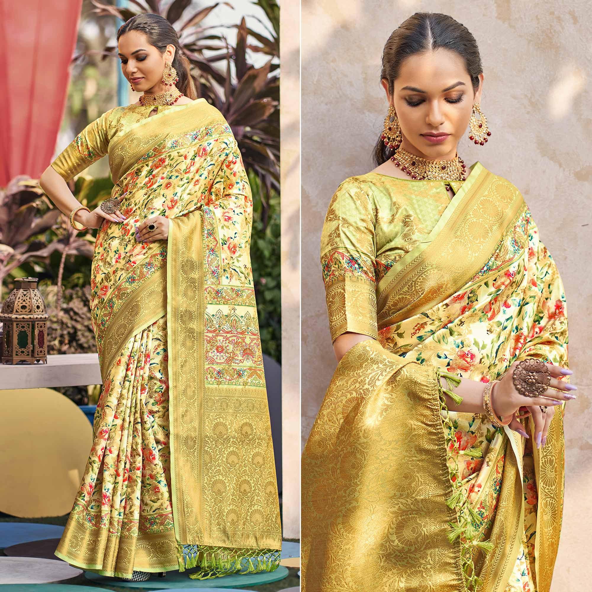 Green Floral Digital Printed Pure Silk Saree - Peachmode