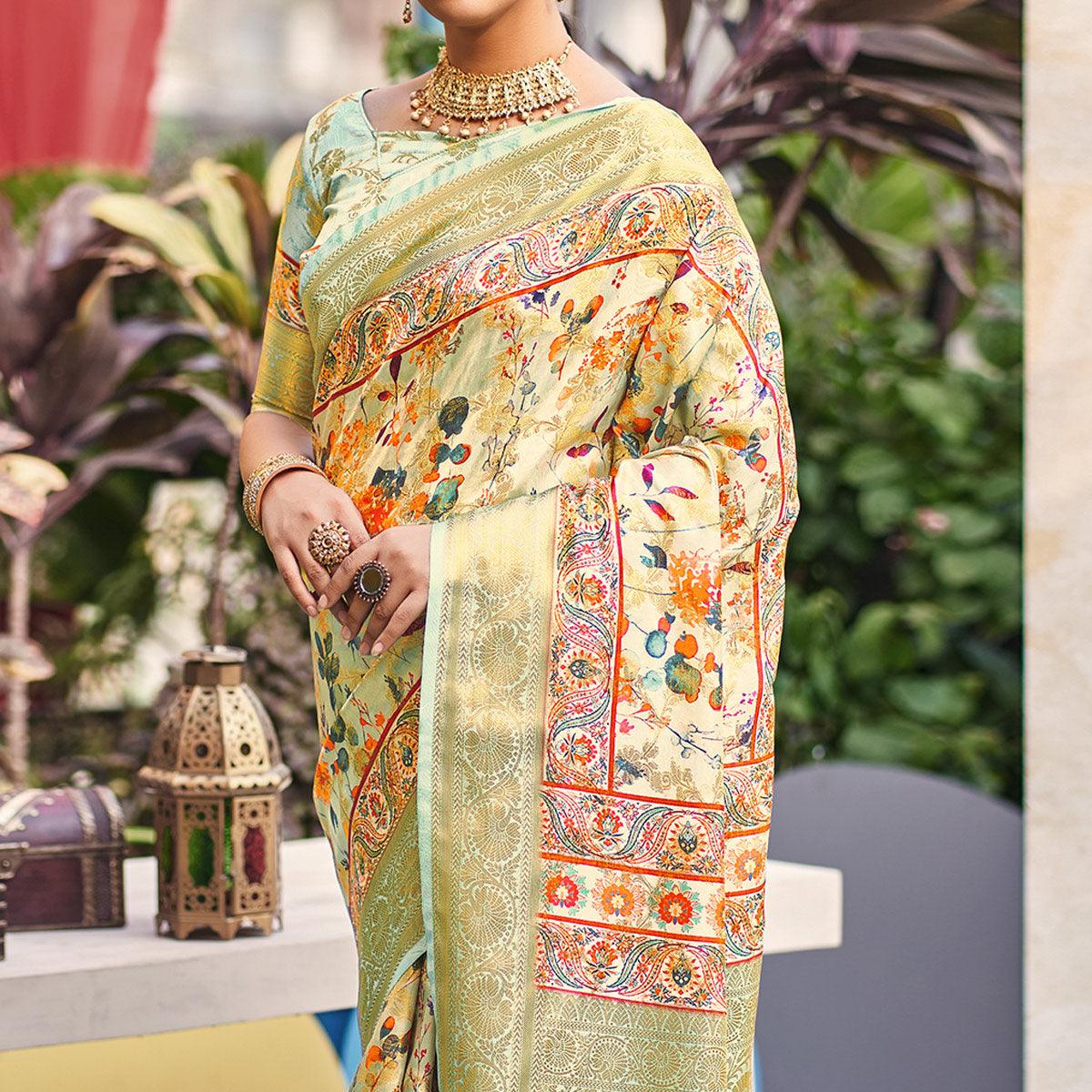 Green Floral Digital Printed Pure Silk Saree - Peachmode