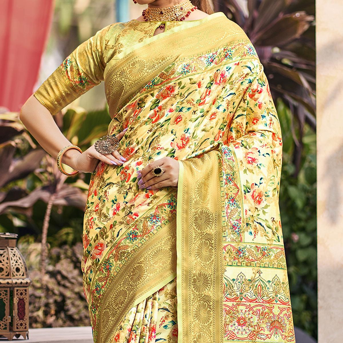 Green Floral Digital Printed Pure Silk Saree - Peachmode