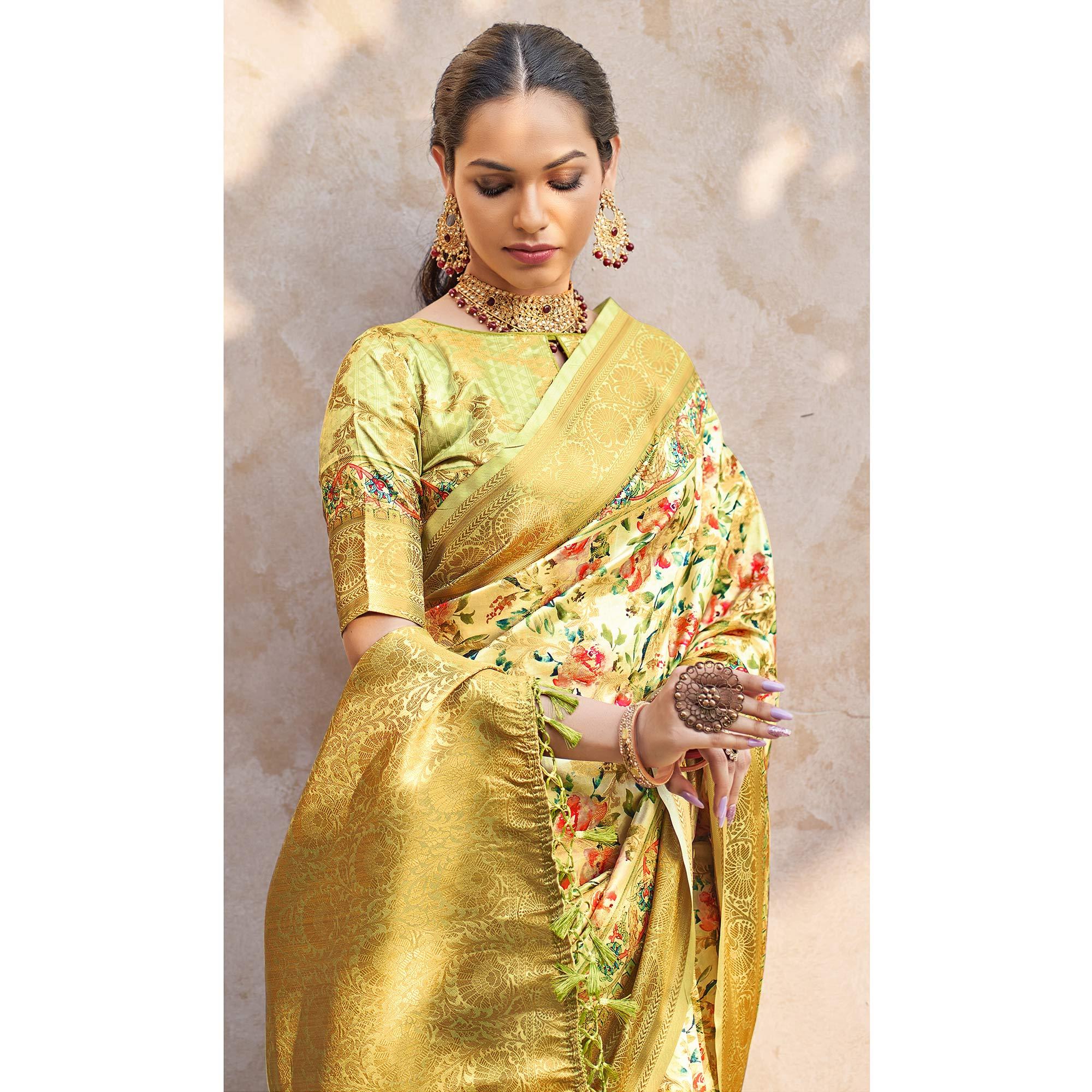Green Floral Digital Printed Pure Silk Saree - Peachmode