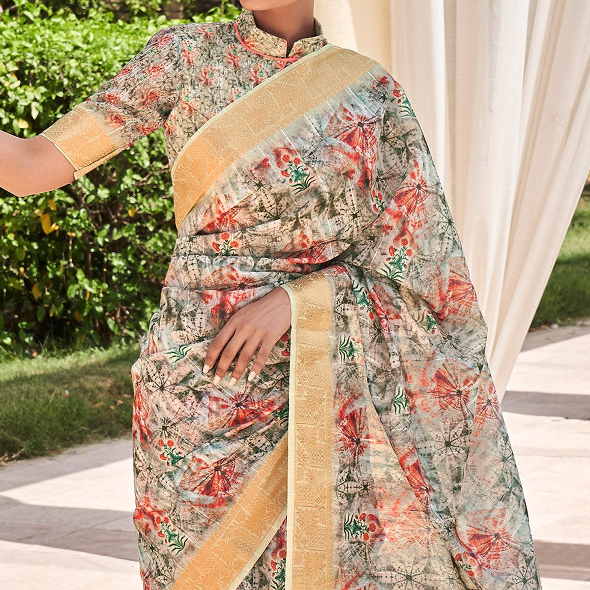 Green Floral Digital Printed With Sequence Linen Saree - Peachmode