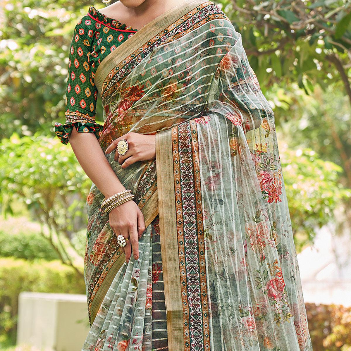 Green Floral Digital Printed With Sequence Linen Saree - Peachmode