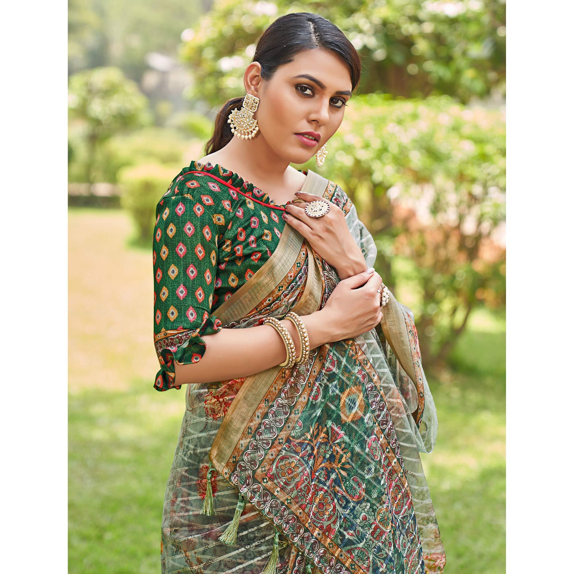 Green Floral Digital Printed With Sequence Linen Saree - Peachmode