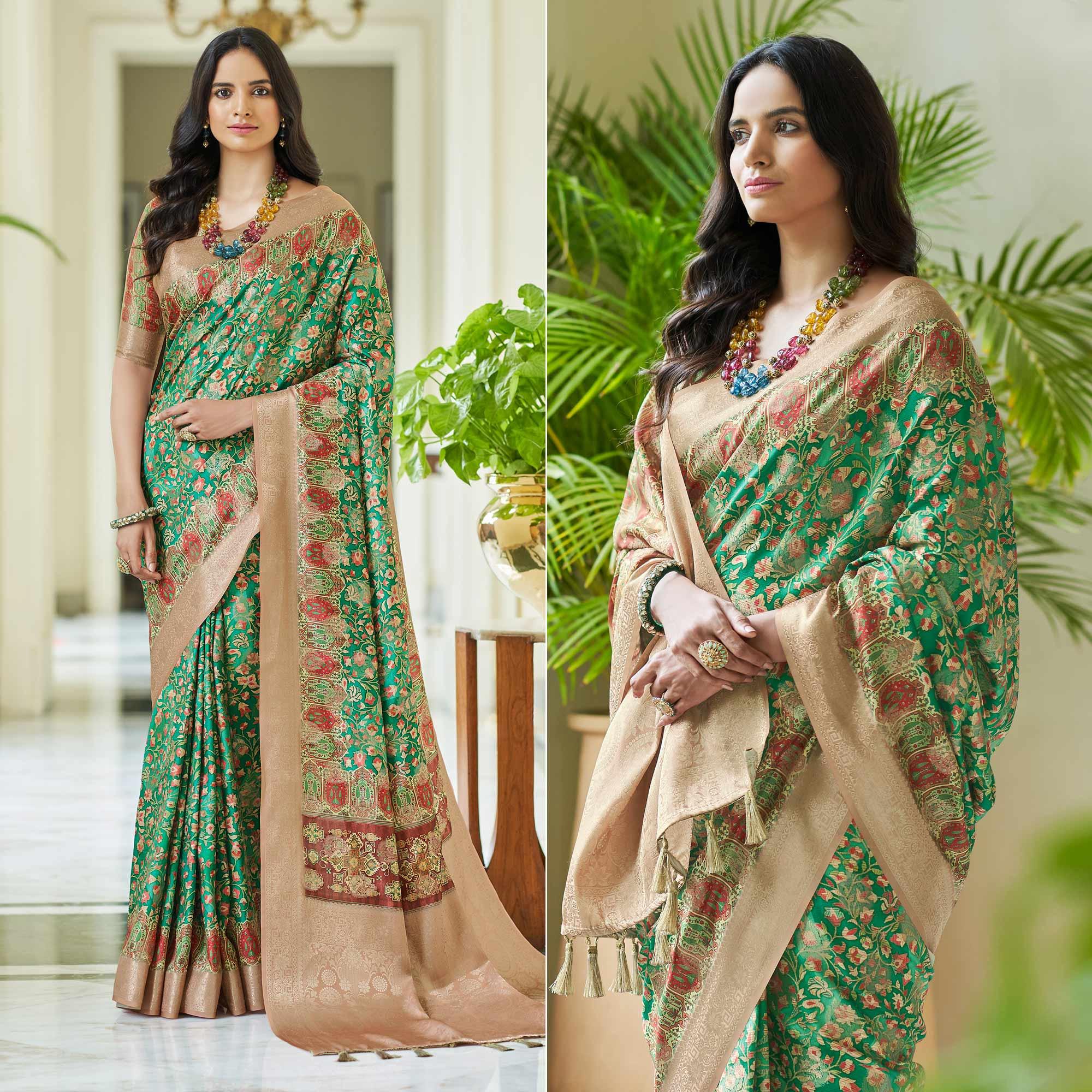 Green Floral Digital Printed With Woven Border Art Silk Saree - Peachmode